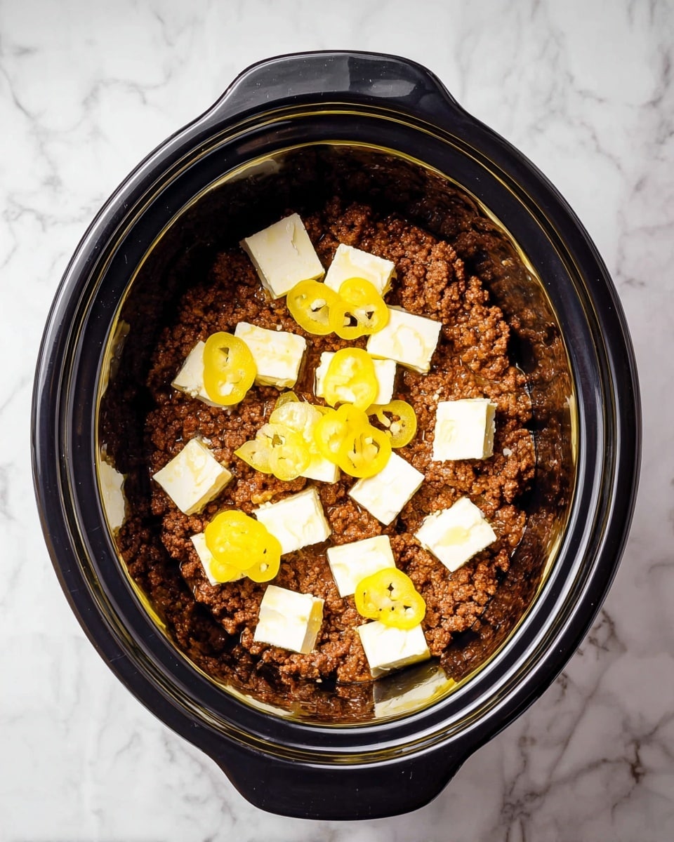 Inside a black slow cooker, there is one visible layer of cooked ground beef, richly brown with a slightly oily texture. On top of the beef, there are several small white cubes of cream cheese evenly spaced out. Scattered around and on the cream cheese are thin slices of yellow pepper rings. The interior of the slow cooker has a shiny black surface, and the pot sits on a white marbled texture. photo taken with an iphone --ar 4:5 --v 7