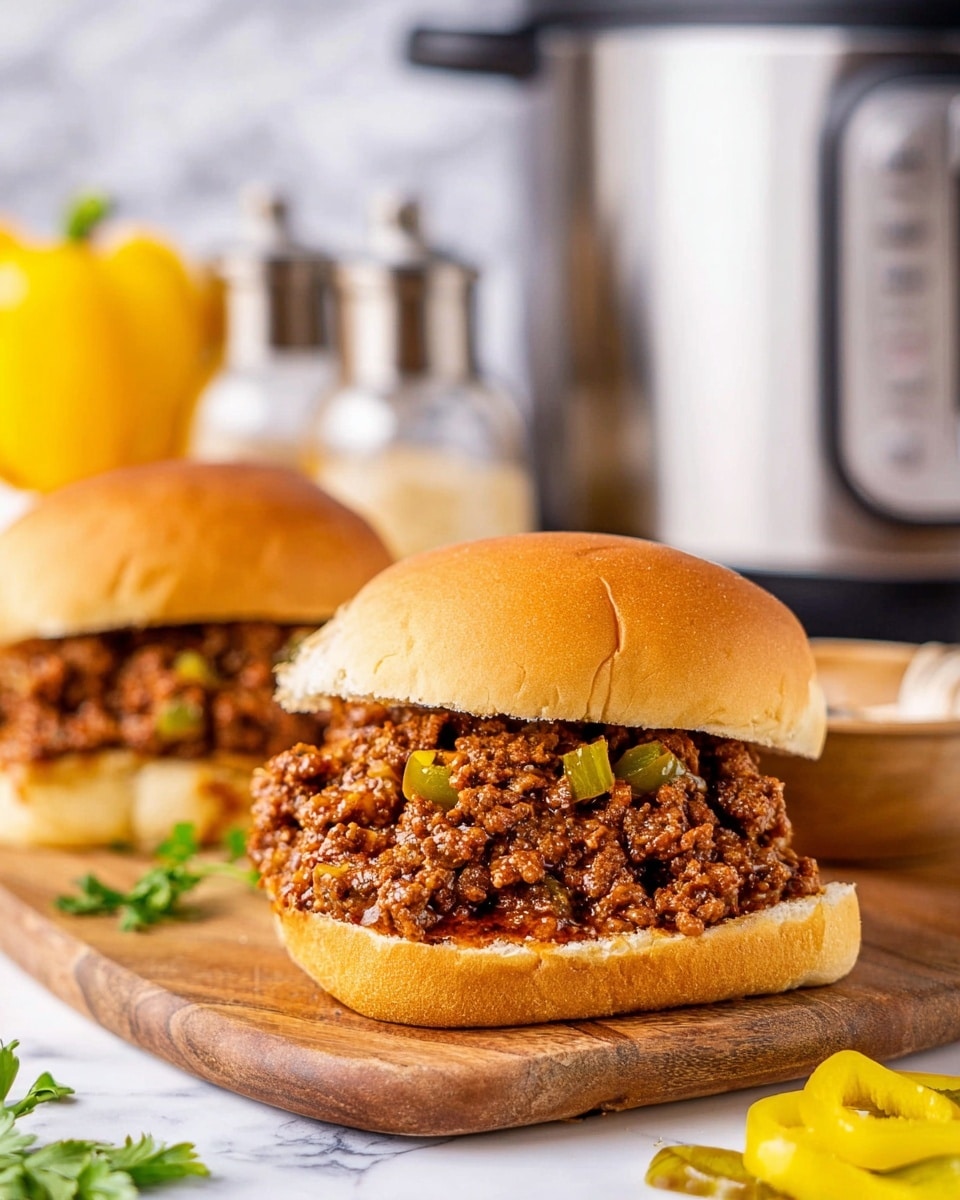 The image shows two sandwiches on a wooden board with soft shiny golden brown buns as the top layer. Inside each sandwich, there is a thick layer of finely chopped cooked meat mixed with small greenish-yellow pepper pieces, giving a coarse and juicy texture. Some meat bits and peppers spill out slightly from the sides. In the background on a white marbled surface, there is a stainless steel slow cooker and two small clear glass spice jars with silver tops, along with some scattered green herbs and bright yellow peppers adding color. The scene is bright and fresh with a focus on the front sandwich, photo taken with an iphone --ar 4:5 --v 7