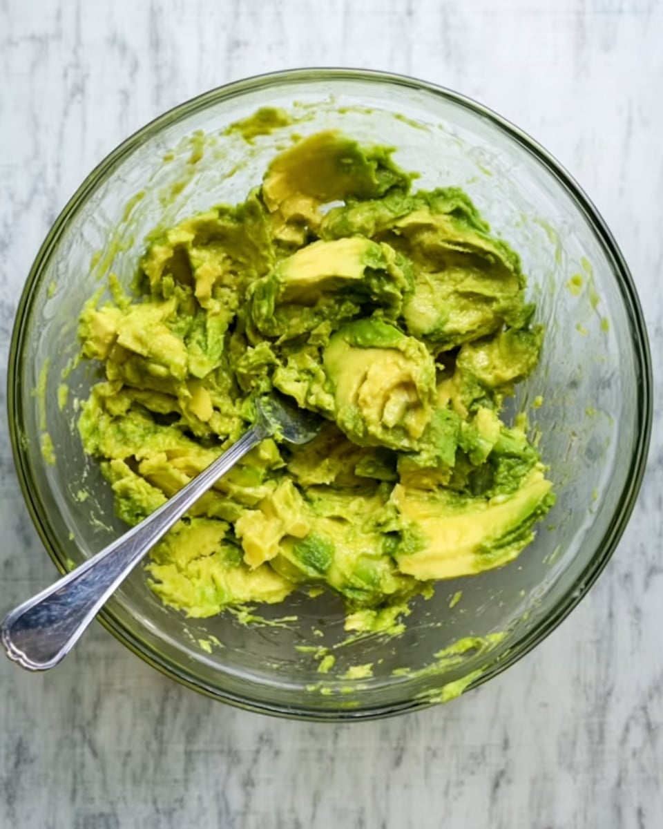 A clear glass bowl filled with partially mashed avocado, showing bright green and light yellow colors with some smooth and some chunky textures spread around inside the bowl. A silver fork rests in the bowl, mixing the avocado. The bowl is placed on a white marbled surface. Photo taken with an iphone --ar 4:5 --v 7