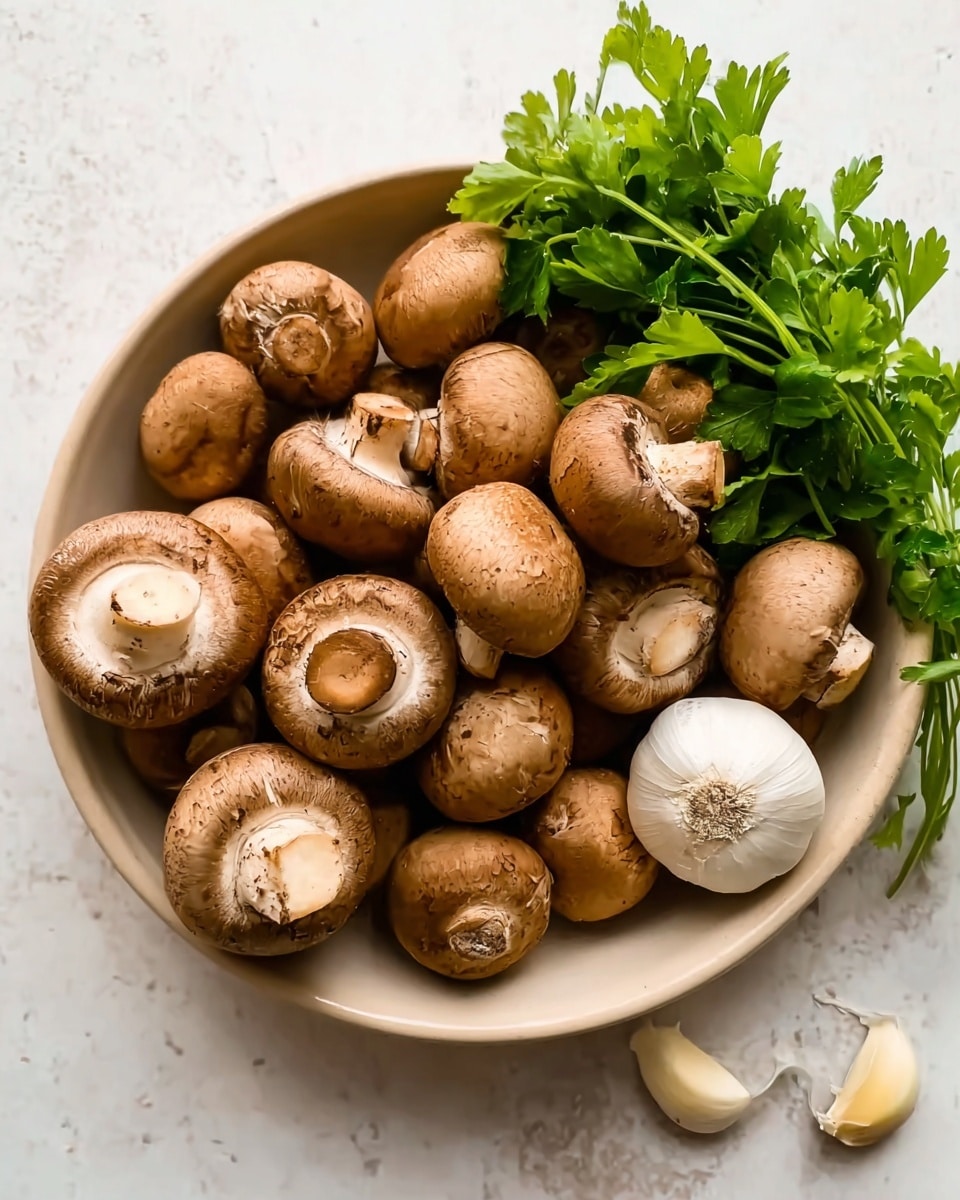 A bowl filled with many brown mushrooms, some showing the round, light inner part where the stems were, sitting closely together. On the right side of the bowl, there are two whole garlic cloves and a bunch of fresh green parsley with detailed leaves resting on the mushrooms. The bowl is light-colored and plain, placed on a white marbled surface which is bright and clean. The colors focus on the natural browns of the mushrooms, the white garlic, and the fresh green of the parsley, all arranged simply and warmly. photo taken with an iphone --ar 4:5 --v 7