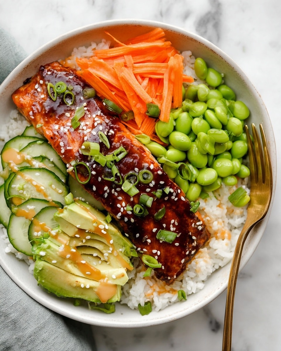 A bowl with four main layers is shown on a white marbled surface. The bottom layer is white rice, filling the base and edges. Over the rice, starting from the right side, there is a thick piece of shiny dark brown glazed salmon sprinkled with white sesame seeds and chopped green onions. On the upper right side, there is a pile of bright green edamame beans. On the upper left side, thin orange carrot sticks are placed with small green onion slices on top. Below the carrots, sliced light green cucumber pieces sit next to the salmon. Near the center, there are slices of avocado drizzled with a light brown sauce and sprinkled with sesame seeds. A gold fork is placed along the right inner edge of the bowl. Photo taken with an iphone --ar 4:5 --v 7