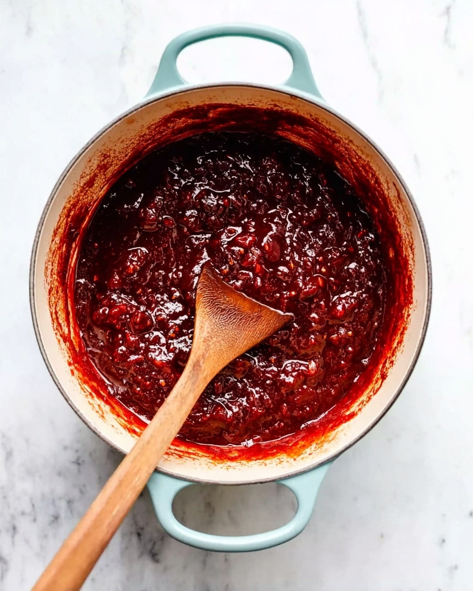 A light blue pot filled with thick, dark red sauce with visible chunks, showing a shiny, textured surface. A wooden spoon with a smooth brown handle rests inside the pot, partially covered in sauce. The pot sits on a white marbled surface, and the sauce looks rich and cooked down, with some red streaks on the pot's inner walls. photo taken with an iphone --ar 4:5 --v 7