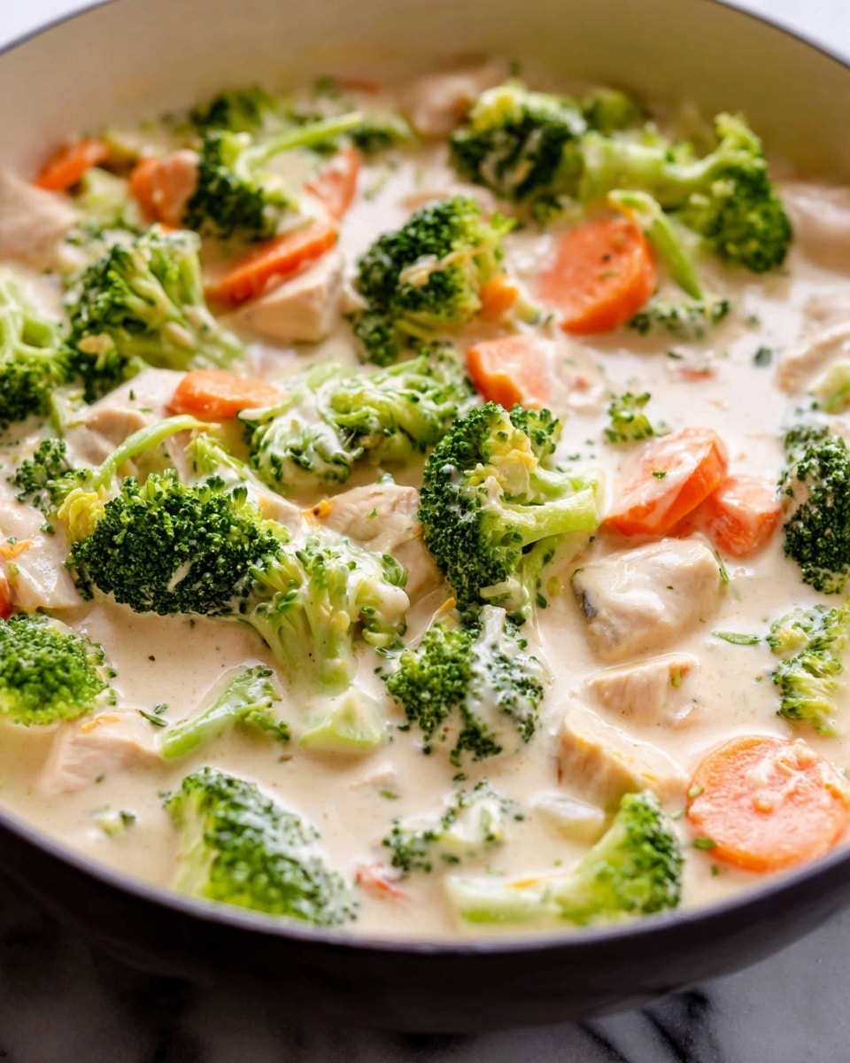 This image shows a close-up of a creamy dish in a white bowl with three main layers. The bottom layer is a smooth, light cream sauce that fills most of the bowl. On top of the sauce, scattered across, are bright green broccoli florets with a fresh texture and some round slices of orange carrot. Mixed throughout the dish are small chunks of tender white meat, partially submerged in the sauce. The overall look is rich and fresh with a mix of smooth and chunky textures, set on a white marbled surface. photo taken with an iphone --ar 4:5 --v 7