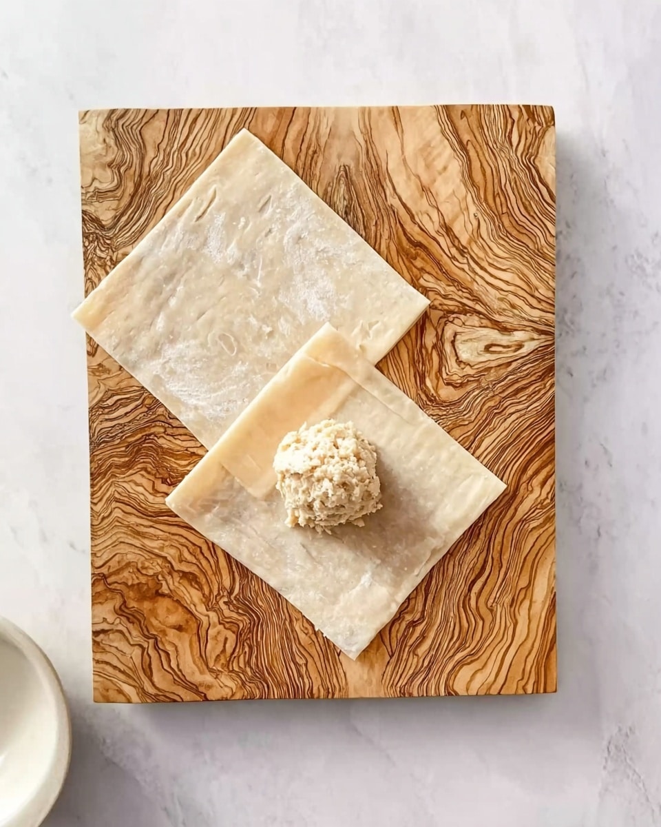 A wooden board with natural brown swirl patterns holds two square-shaped pastry sheets. One sheet is folded and placed at the top left corner of the board. The other sheet lies flat in the center, with a round scoop of light-colored filling placed right in the middle. The board is on a white marbled surface, and part of a white bowl is visible in the lower left corner. photo taken with an iphone --ar 4:5 --v 7