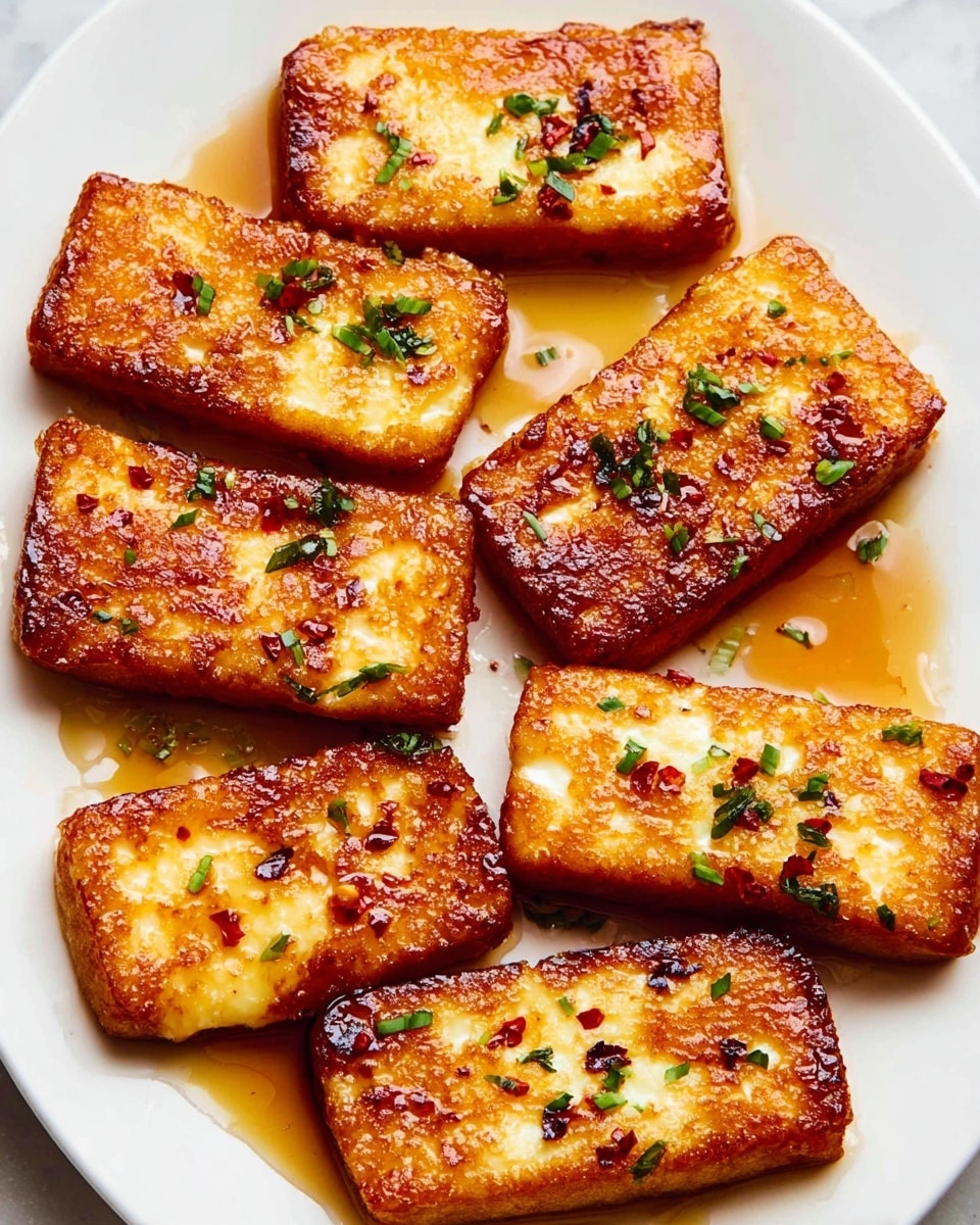 The image shows a white plate filled with eight golden-brown, rectangular pieces of fried cheese evenly spread out. Each piece has a crispy, browned outer layer with a slightly melted, shiny texture on top. A light drizzle of amber-colored syrup or honey coats the cheese, adding a glossy shine, and small green herb leaves along with red chili flakes are sprinkled over for color contrast. The plate sits on a white marbled surface. photo taken with an iphone --ar 4:5 --v 7