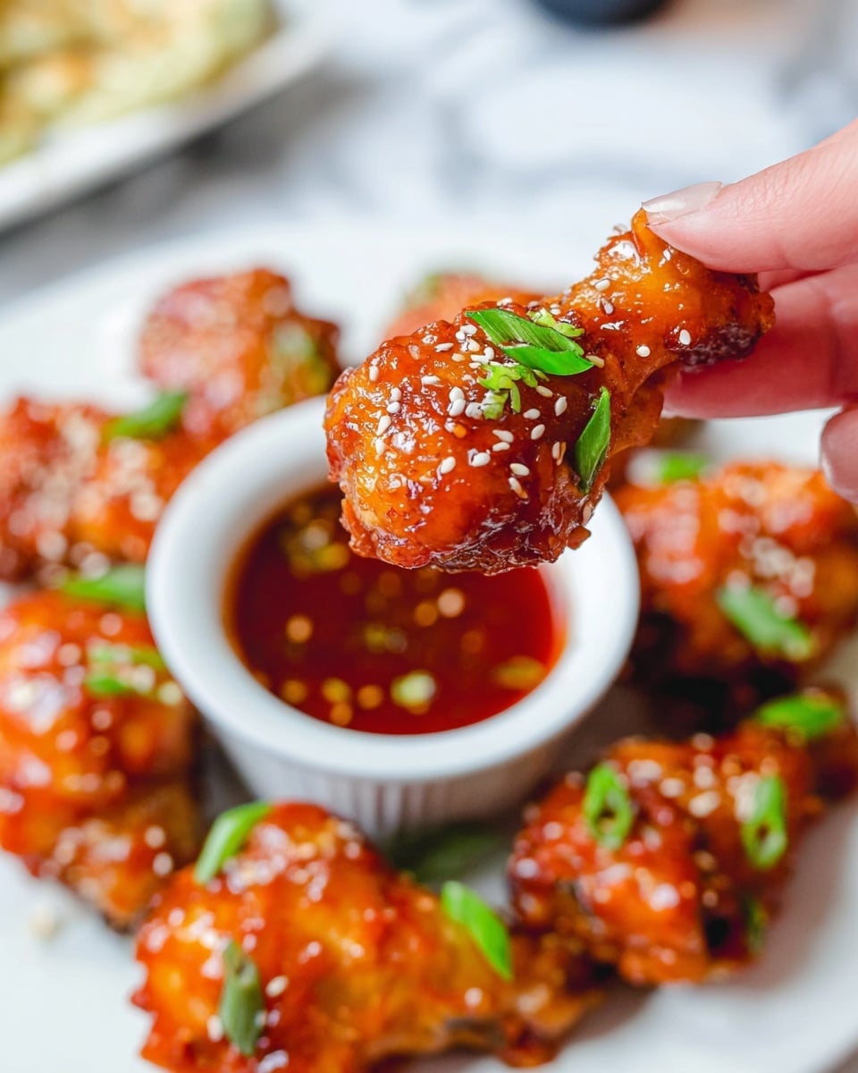 A close-up of one bright orange glazed chicken drumstick held by a woman's hand on the right side, covered with sesame seeds and small green onion slices on top. Below it is a small white bowl filled with red dipping sauce with some sesame seeds floating inside, centered on a white plate. Surrounding the bowl on the plate are more chicken pieces coated in the same orange glaze, garnished with green onion slices, all set on a white marbled surface. The photo taken with an iphone --ar 4:5 --v 7