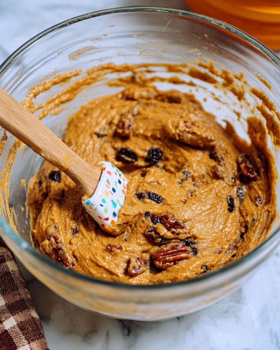 The image shows a clear glass bowl filled with thick orange-brown batter mixed with dark brown pecans and darker raisins. A wooden-handled spatula with a white and colorful silicone head stirs the batter, with some mixture clinging to it. The bowl rests on a white marbled surface with a glimpse of a cloth with a brown checkered pattern and what looks like an orange object blurred in the background. photo taken with an iphone --ar 4:5 --v 7