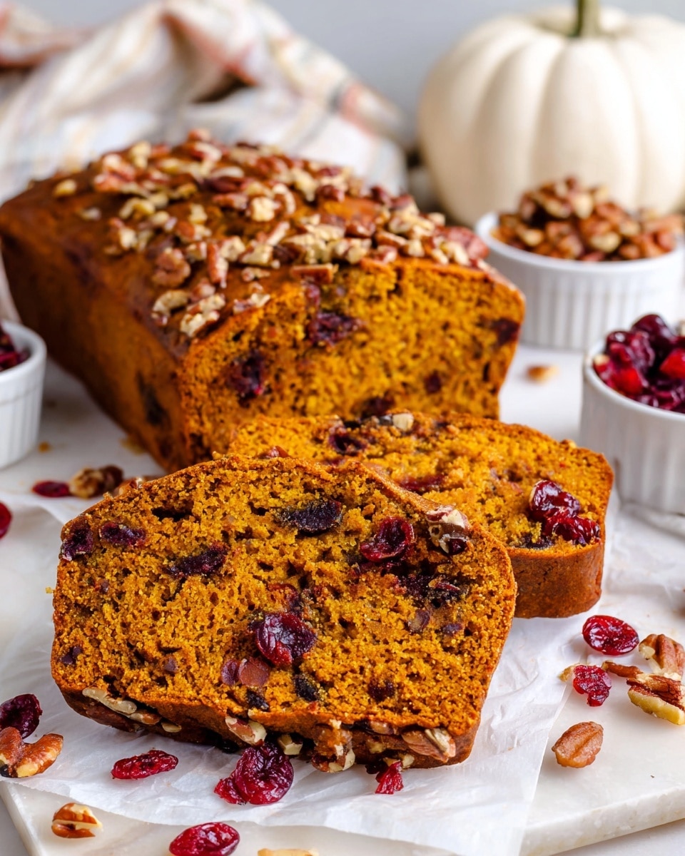 The image shows a thick loaf of pumpkin bread with two large slices cut in front, revealing a dense orange interior full of dark brown nut pieces and red dried cranberries. The top layer of the bread is textured and covered with scattered nuts, adding a crunchy look. The bread is placed on white parchment paper on a white marbled surface, with some nuts and cranberries spread around for decoration. In the background, there are small white bowls filled with more nuts and dried cranberries, and a small white pumpkin visible to the right. The photo was taken with an iphone --ar 4:5 --v 7