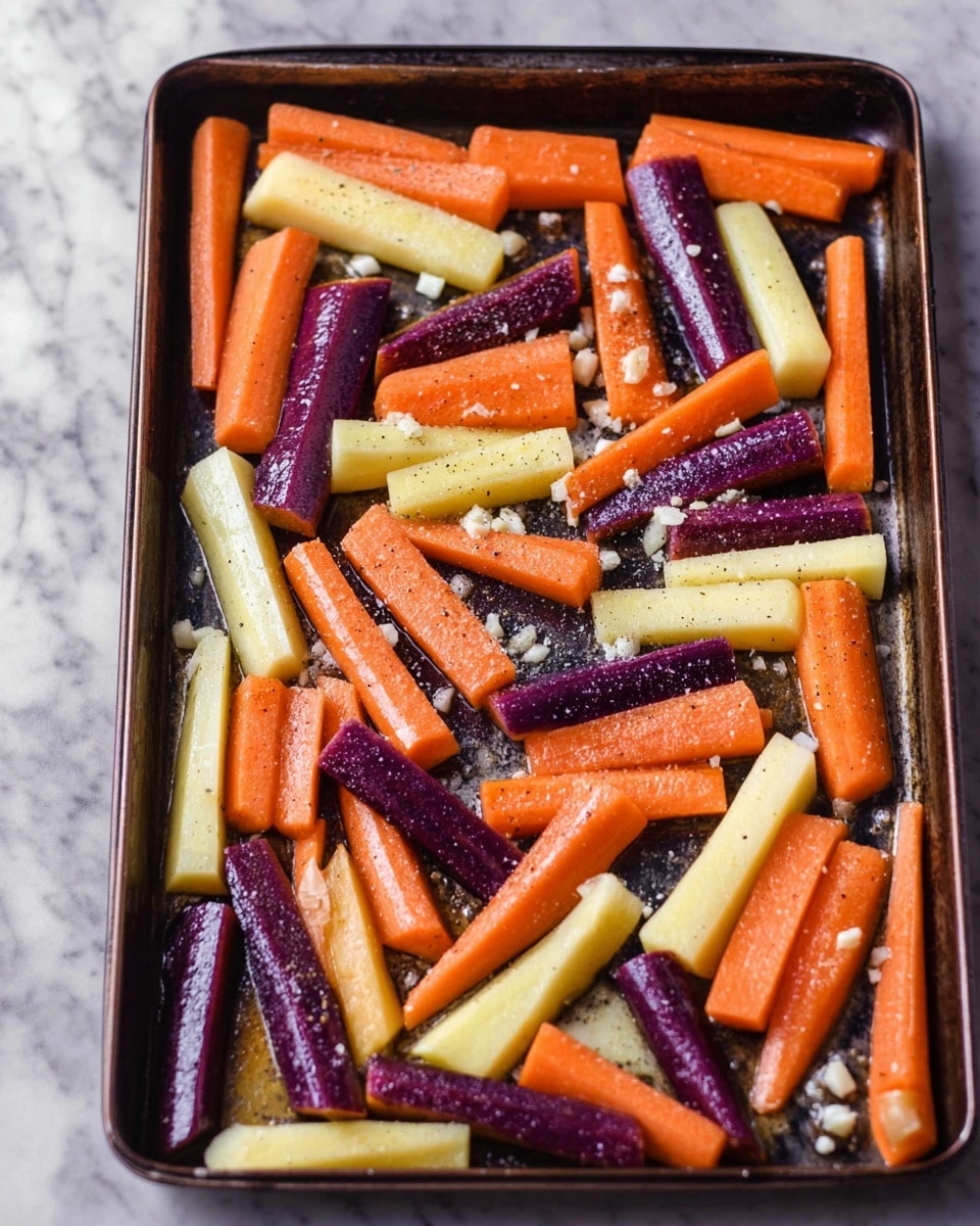 The image shows a baking tray full of chopped carrots in three colors: orange, purple, and pale yellow. The carrot pieces are cut into thick sticks with a smooth, slightly shiny texture, and they are spread evenly across the tray. Small bits of minced garlic and a light sprinkle of black pepper are visible on top of the carrots. The baking tray has a dark metal color and is placed on a white marbled surface. The overall scene looks fresh and ready for roasting. Photo taken with an iphone --ar 4:5 --v 7