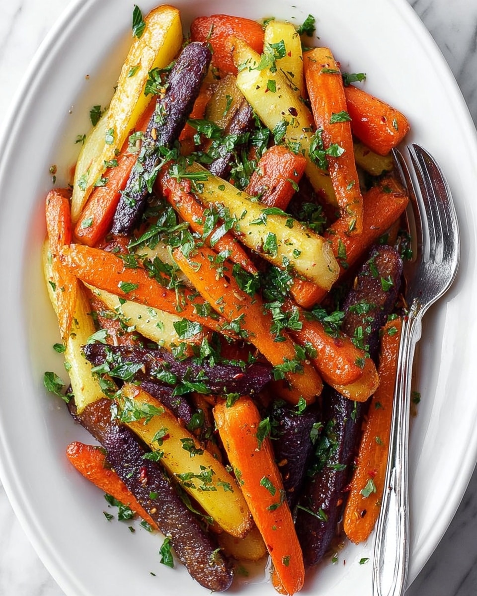 A white oval plate holds a mix of colorful roasted carrots cut into thick sticks, with layers of bright orange, deep purple, and pale yellow pieces evenly spread across the plate. The carrots have a shiny, slightly caramelized surface with small bits of char, giving texture and a roasted look. Fresh chopped green herbs are sprinkled generously on top, adding a touch of brightness. On the top right side of the plate is a shiny silver fork partly resting among the carrots. The plate sits on a white marbled surface. photo taken with an iphone --ar 4:5 --v 7