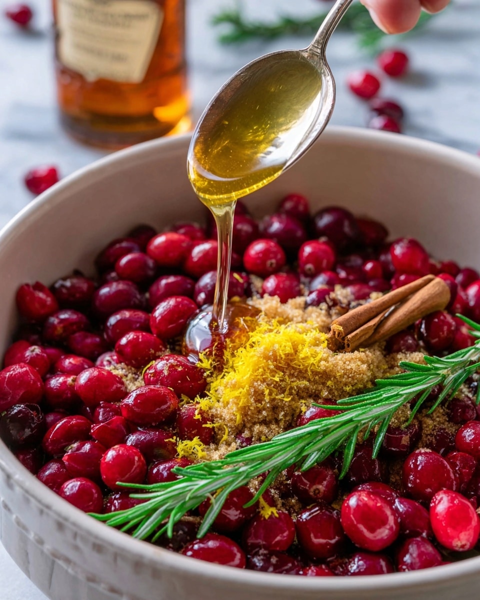 A close-up image shows a white bowl filled with bright red fresh cranberries as the base layer, mixed with small piles of light brown sugar and bright yellow lemon zest scattered on top. Two green sprigs of rosemary lie across the cranberries, adding texture and color contrast. A cinnamon stick is also visible resting on the cranberries. Above the bowl, a woman's hand holds a silver spoon pouring golden honey over the cranberries, catching the light and creating a shiny stream. The background features a white marbled surface with soft natural light. Photo taken with an iphone --ar 4:5 --v 7