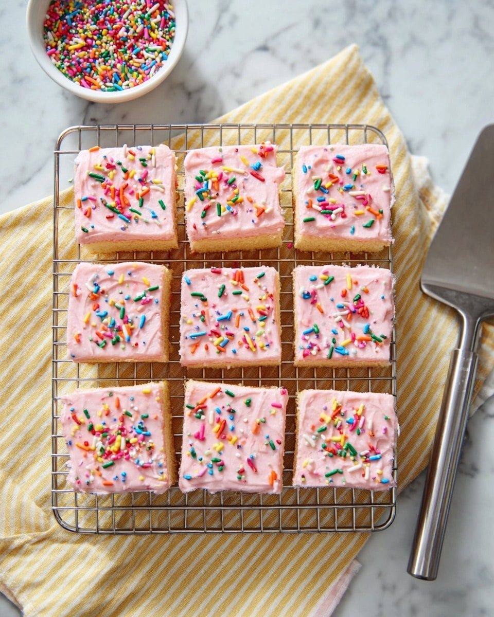 Nine square-shaped cake pieces are neatly arranged in three rows and three columns on a metal cooling rack, placed on a yellow striped cloth over a white marbled surface. Each cake piece has two layers: a light golden brown sponge base and a thick layer of light pink frosting on top with a soft, creamy texture. The frosting is sprinkled with colorful round and rod-shaped sprinkles in red, green, blue, yellow, orange, and purple, scattered unevenly on the top surface of each cake. A stainless steel spatula with a black handle lies to the right side of the cooling rack. A small white bowl filled with similar colorful sprinkles is positioned in the top left corner above the rack. Photo taken with an iphone --ar 4:5 --v 7