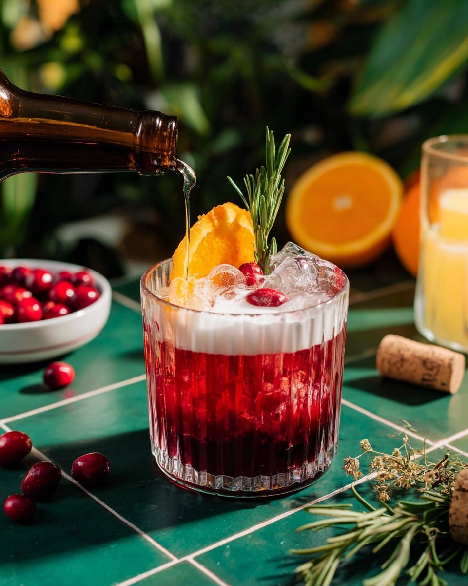 A short clear glass with vertical ridges holds a layered red drink filled with bright red cranberries at the bottom, followed by a dark red liquid layer, and topped with white foam. A brown bottle is pouring a clear liquid over the foam. Inside the glass, there is also a bright orange peel and a sprig of green rosemary standing vertically. The glass sits on a green tiled surface with thin light grout lines, surrounded by fresh ingredients like rosemary sprigs, fresh cranberries in a small white bowl, halved orange pieces, a cork, and a yellowish candle in a clear glass holder, all against a softly blurred dark green plant background. photo taken with an iphone --ar 4:5 --v 7