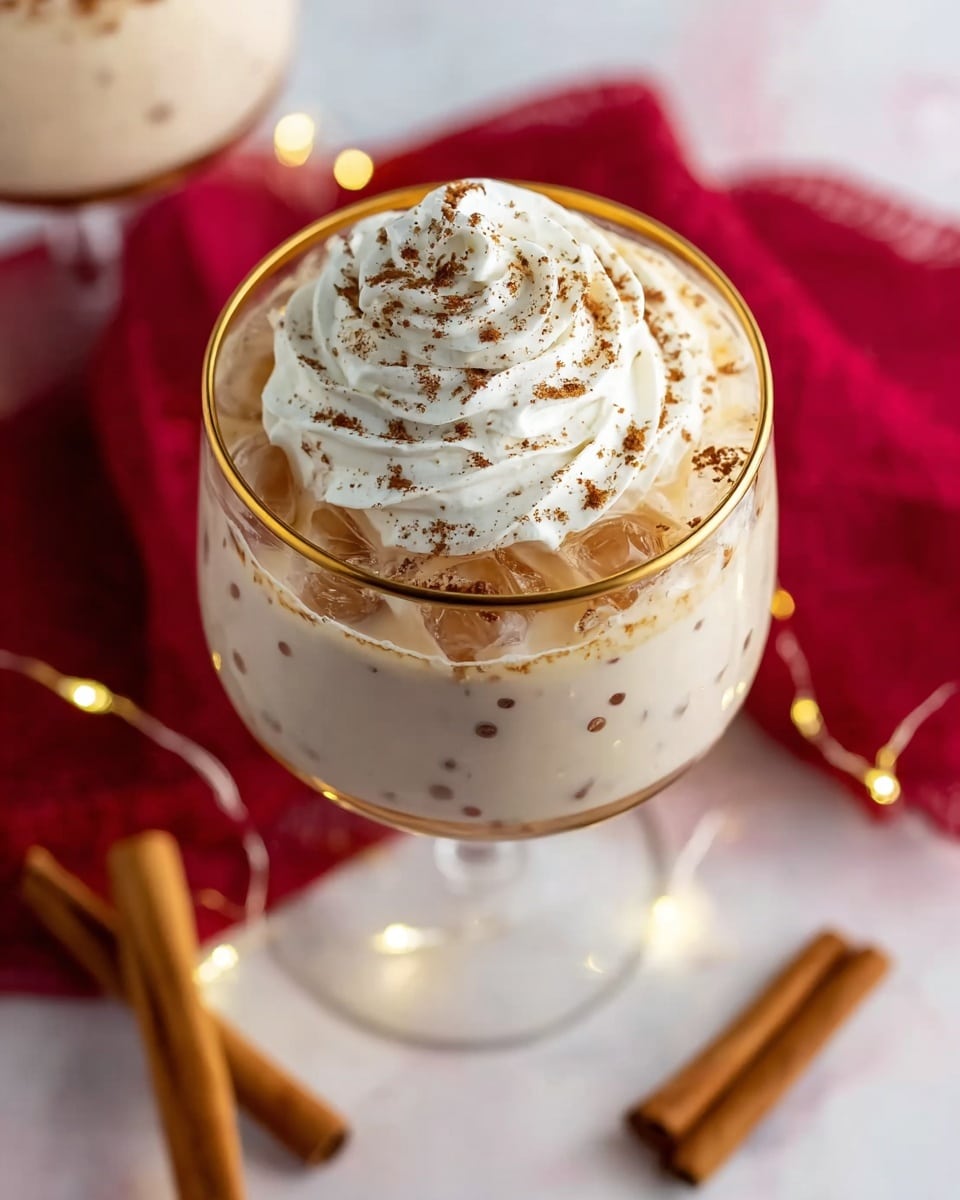 A glass with a gold rim filled with a creamy light brown drink filled with small ice cubes, topped with a thick layer of white whipped cream swirled in a flower shape and sprinkled with brown cinnamon powder. The glass is on a white marbled surface with a red cloth and three cinnamon sticks around it. The scene is softly lit with small warm fairy lights near the base of the glass. photo taken with an iphone --ar 4:5 --v 7