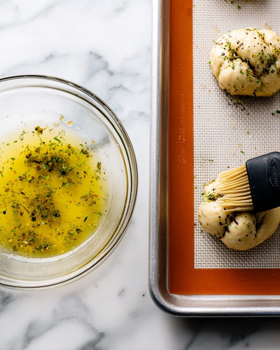 The image shows two parts: on the left, there is a clear glass bowl with light yellow liquid mixed with small green and black herbs floating on the surface, placed on a white marbled surface; on the right side, there is a silver baking tray with a white silicone baking mat, holding three small, round dough knots that are pale beige and sprinkled with herbs, a black brush with light yellow bristles is brushing one of the dough knots with the same liquid from the bowl, all set on a white marbled texture background. photo taken with an iphone --ar 4:5 --v 7