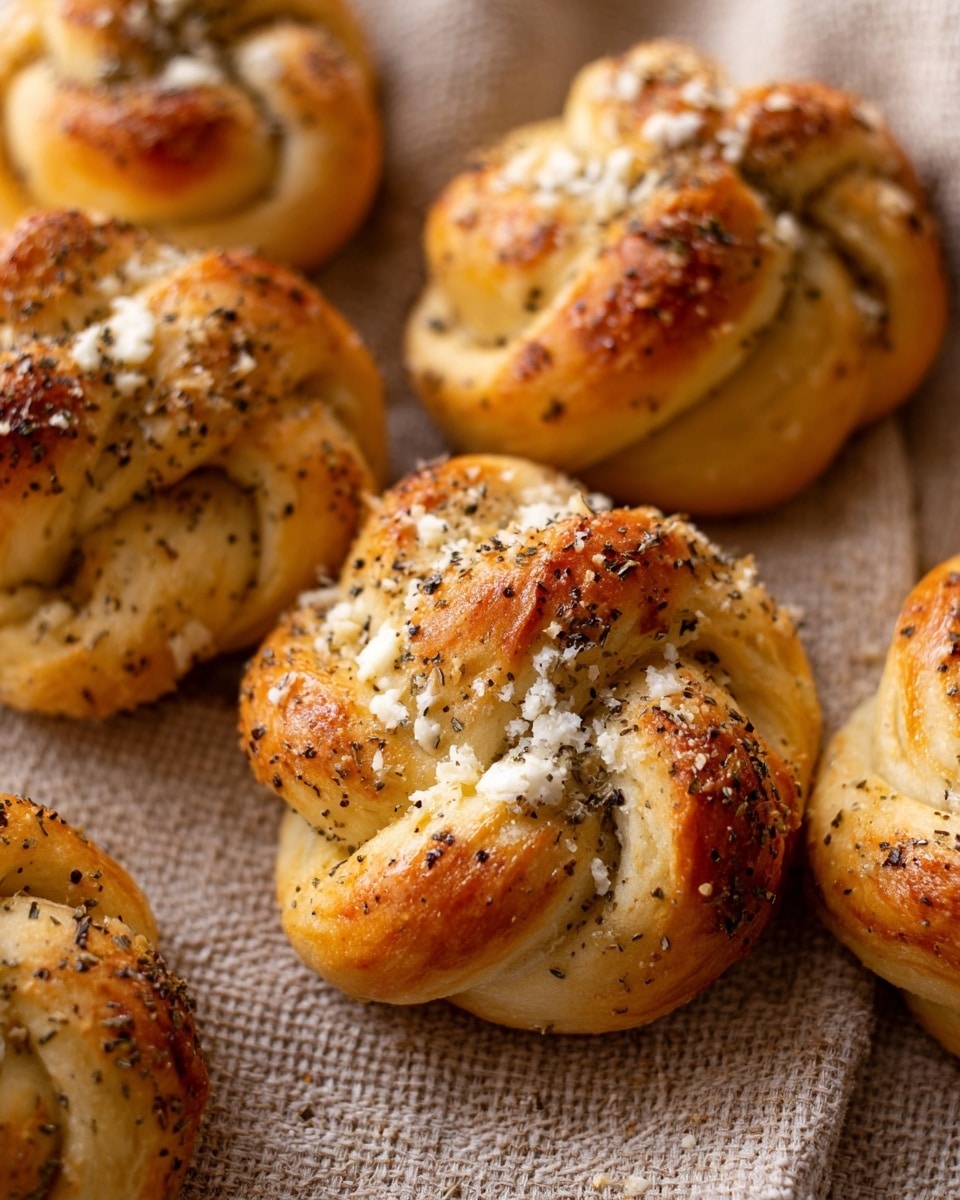 The image shows a close-up of several soft knot-shaped bread rolls on a beige textured cloth. Each roll has a golden-brown top with a light, creamy dough underneath, and is sprinkled with white cheese and black pepper-like spices. The bread texture looks soft with slightly shiny, baked surfaces and visible seasoning. The knots are tightly twisted, showing layers of dough wrapped around each other. Photo taken with an iphone --ar 4:5 --v 7