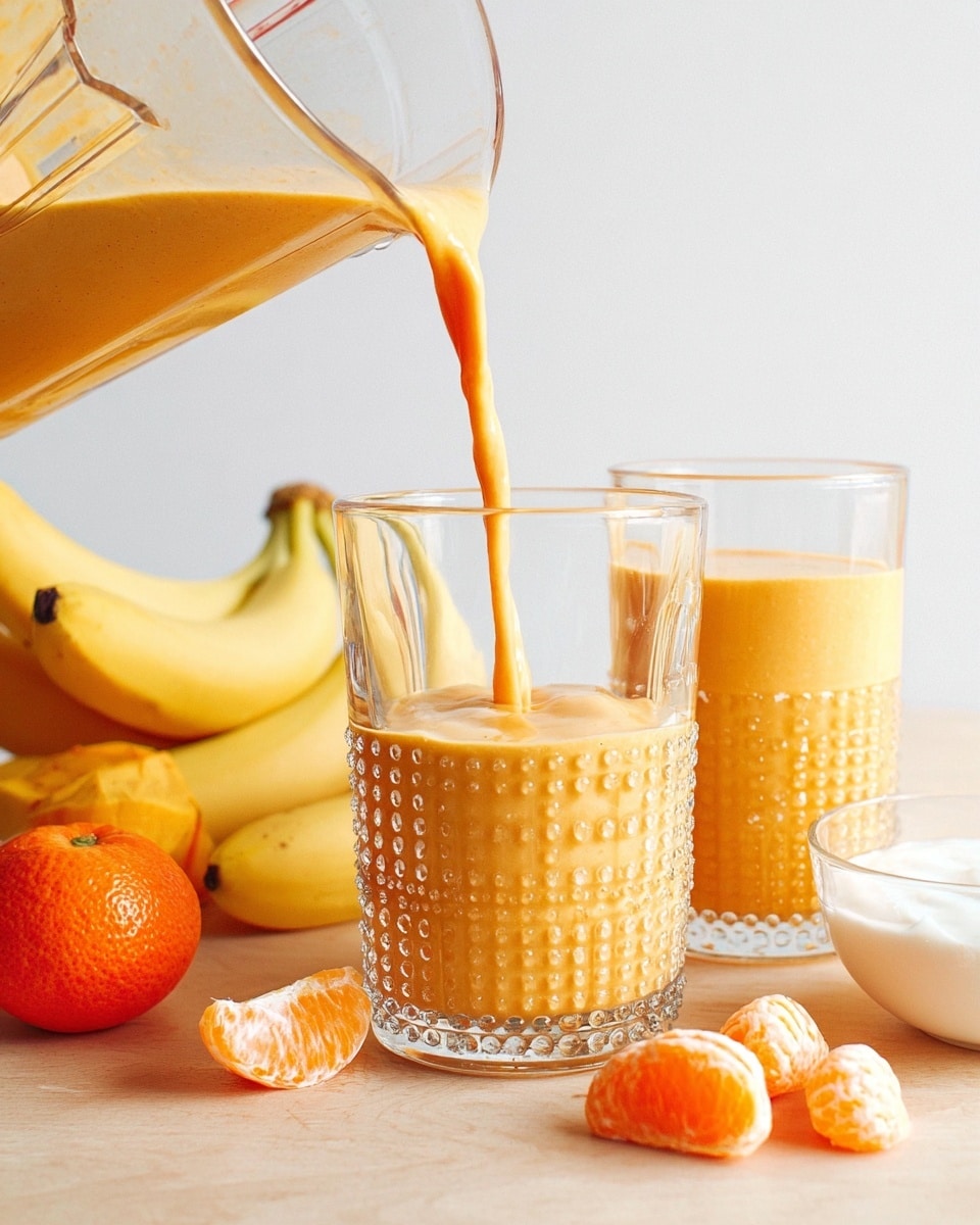 A thick light orange smoothie is being poured from a glass blender jar into a clear glass with a textured diamond pattern. Next to it, there is another clear glass with a different beaded texture filled with the same smoothie. Surrounding the glasses on a white marbled surface are two whole bananas, whole and sliced bright orange mandarins, and a small white bowl with white yogurt. The background is plain white, emphasizing the bright colors of the fruit and smoothie. photo taken with an iphone --ar 4:5 --v 7