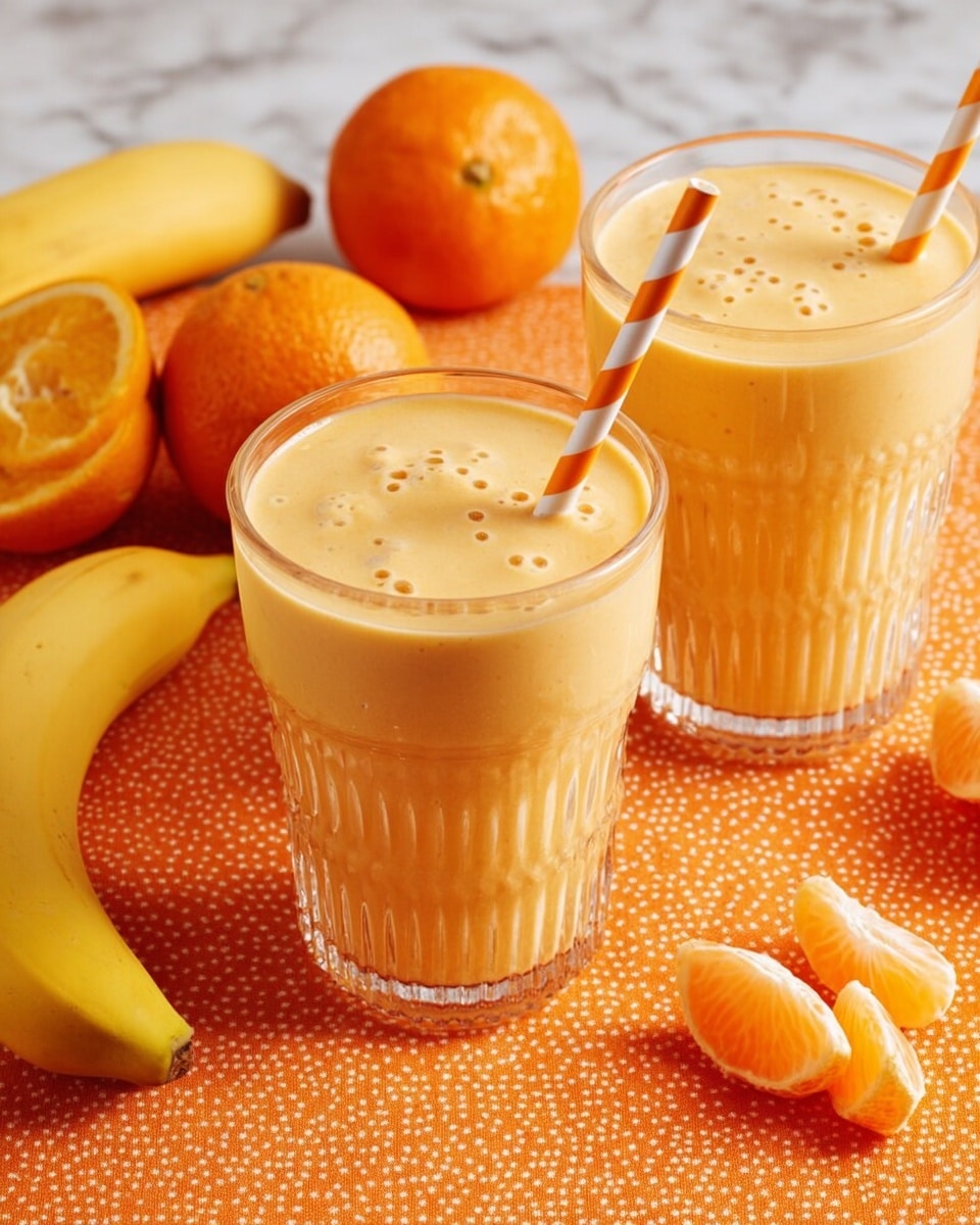 The image shows two clear textured glasses filled nearly to the top with a smooth, light orange smoothie that has small bubbles on the surface. Each glass has a white and orange striped straw placed inside on the right side. The glasses are placed on a bright orange patterned tablecloth. Around the glasses, there are two whole yellow bananas, one whole orange tangerine, and one orange tangerine wedge with the inside flesh facing up, scattered loosely on the tablecloth. The background and surface are changed to a white marbled texture. photo taken with an iphone --ar 4:5 --v 7