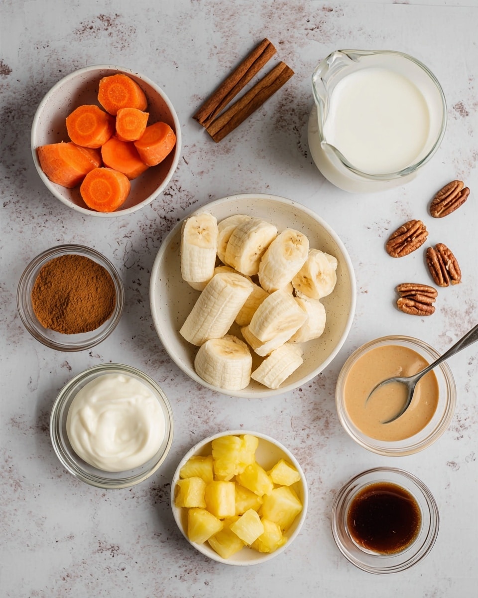 The image shows seven small white bowls and a clear glass jug on a white marbled surface; the largest bowl in the center holds peeled bananas cut into thick pieces with a pale yellow color and smooth texture. To the top left, a bowl contains bright orange carrot slices arranged neatly. Below it, a small bowl holds a heap of brown powder, likely cinnamon, with a fine texture. To the bottom left, another bowl contains a thick white creamy substance, smooth in texture. In the middle bottom, a bowl is filled with bright yellow pineapple chunks with a slightly shiny surface. To the bottom left, a small bowl is filled with dark brown vanilla extract. To the right, a small bowl with a light brown creamy mixture and a metal spoon inside is present. A clear jug filled with white liquid, possibly milk, is positioned at the top right. Scattered around are some brown pecans adding a rustic touch. The photo taken with an iphone --ar 4:5 --v 7