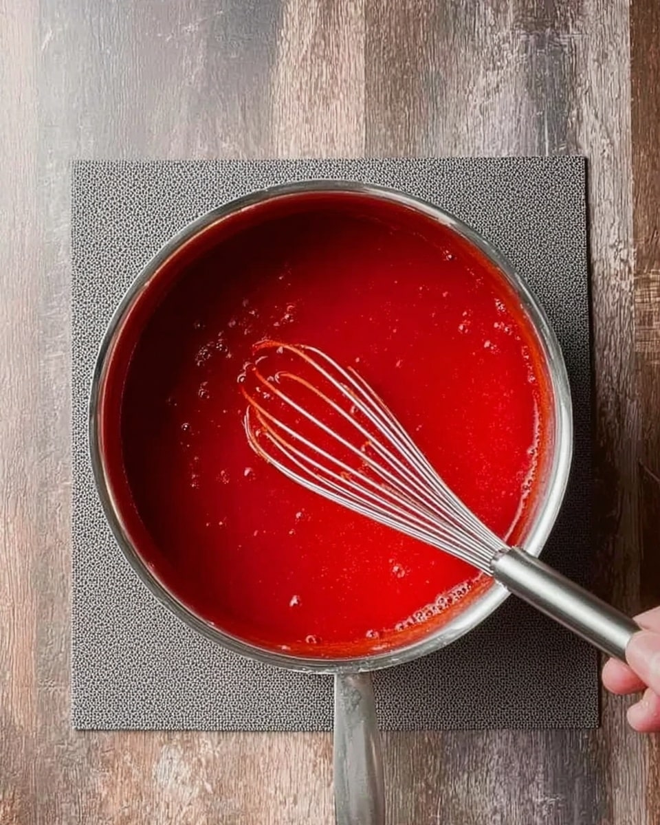 A close-up top view of a red saucepan containing thick, bright red sauce with small visible bubbles. A silver whisk rests inside the saucepan, partially covered by the sauce. The saucepan is placed on a textured grey silicone mat, sitting on a white marbled surface with wood panels in the background. A woman's hand holds the whisk handle. photo taken with an iphone --ar 4:5 --v 7