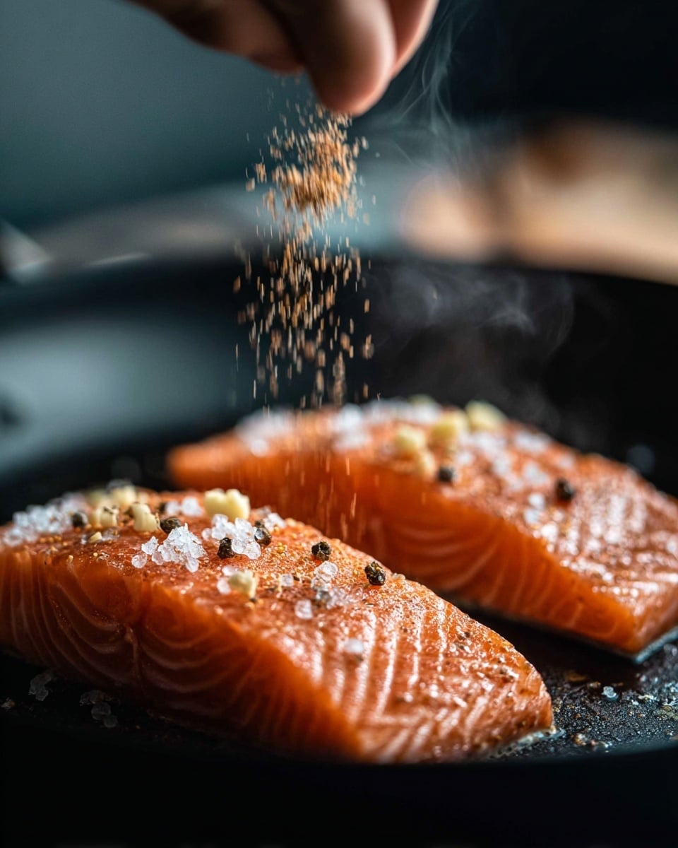 Two thick pieces of orange salmon lie side by side in a black pan, showing soft white lines of fat running through their fleshy texture. Each piece is topped with small white salt crystals, smashed pepper dots, and tiny pale yellow butter chunks. A woman's hand sprinkles a light brown spice from above, creating a cloud of fine particles over the fish. The background is blurred dark with a soft swirl of steam rising above the pan, adding warmth to the scene. photo taken with an iphone --ar 4:5 --v 7