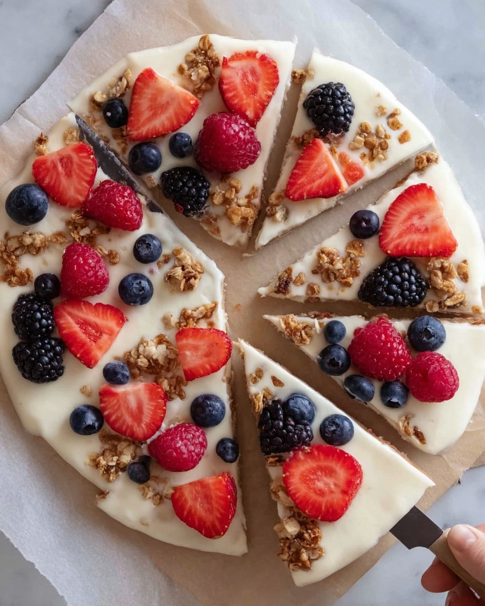 The image shows a round white fruit pizza cut into six slices on parchment paper over a white marbled surface. The pizza has one thick creamy white layer as the base, topped with colorful fresh fruit pieces like whole blueberries, raspberries, blackberries, and sliced strawberries arranged evenly on top. Small clusters of granola are scattered across the surface, adding texture and a light brown color contrast. A woman's hand is holding one slice slightly apart from the rest, and a knife is cutting another slice. Photo taken with an iphone --ar 4:5 --v 7