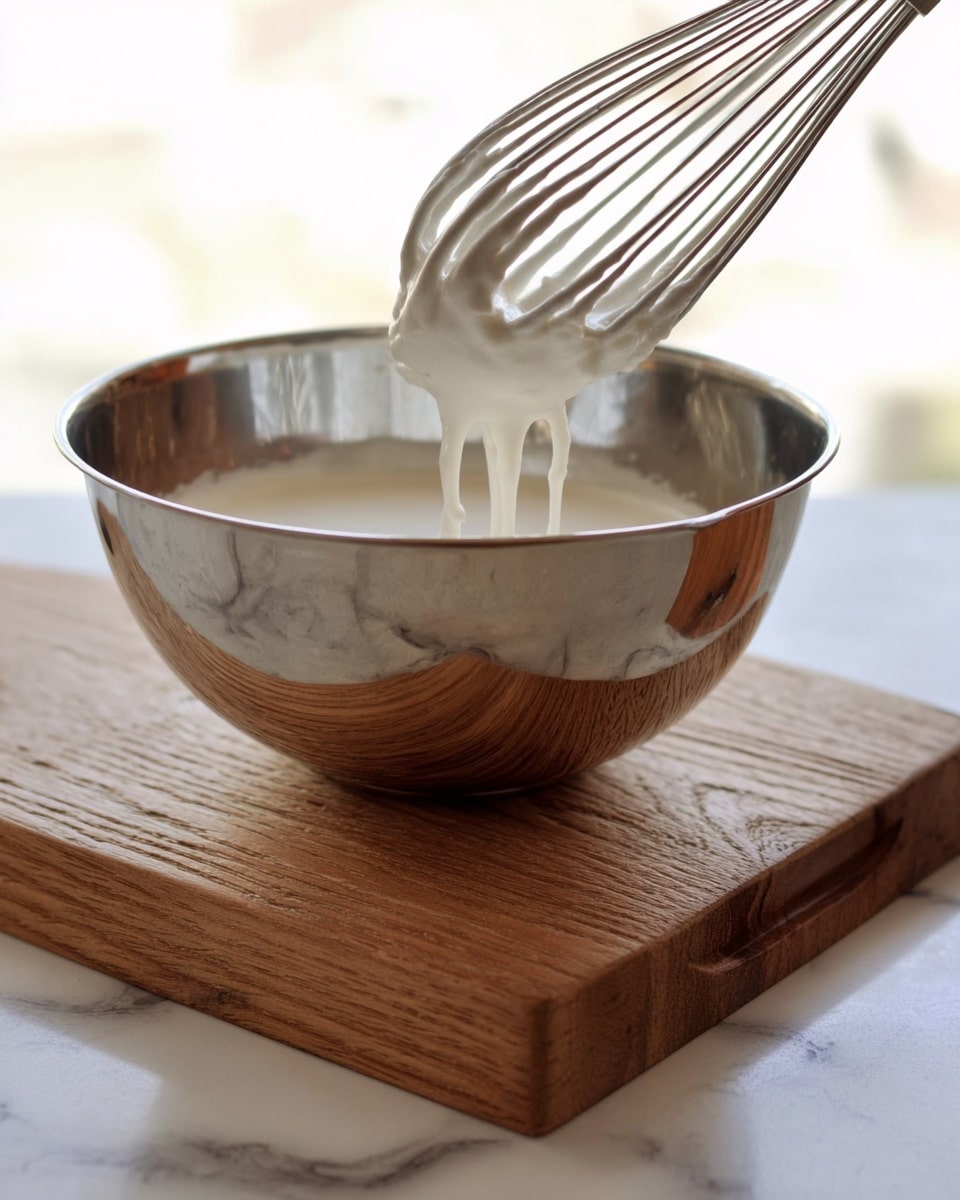 A shiny metal bowl sits on a wooden board on a white marbled surface, containing a white foamy mixture. A silver whisk lifts some of the thick, smooth, creamy foam above the bowl, showing its soft texture dripping gently. The background is bright and softly blurred with natural light. Photo taken with an iphone --ar 4:5 --v 7