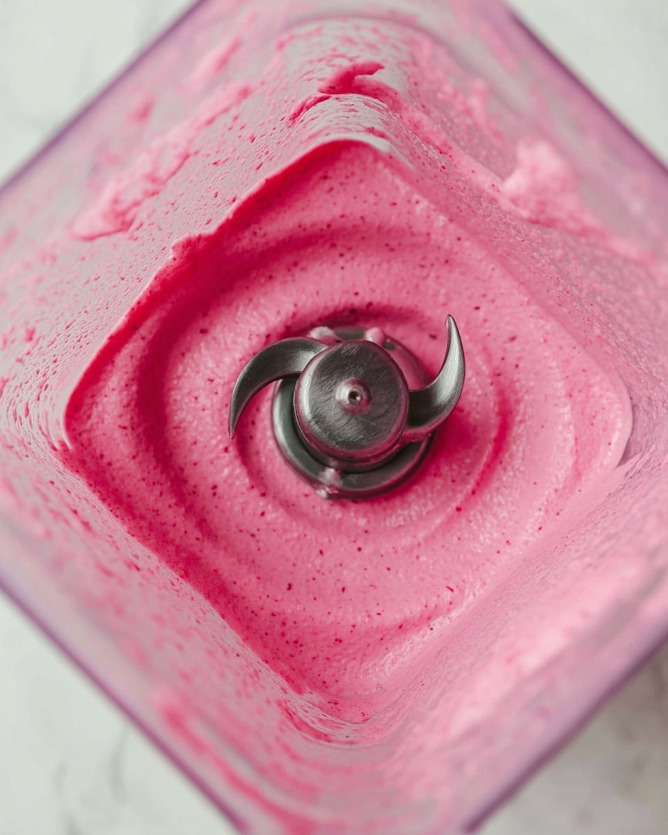 The image shows a close-up view inside a blender jar filled with bright pink creamy mixture. The blender blades are centered and visible, surrounded by the smooth, thick mixture that has a slightly textured surface with small darker specks. The clear blender container has some splashes of the pink mixture on its sides. The whole scene is set on a white marbled texture. Photo taken with an iphone --ar 4:5 --v 7
