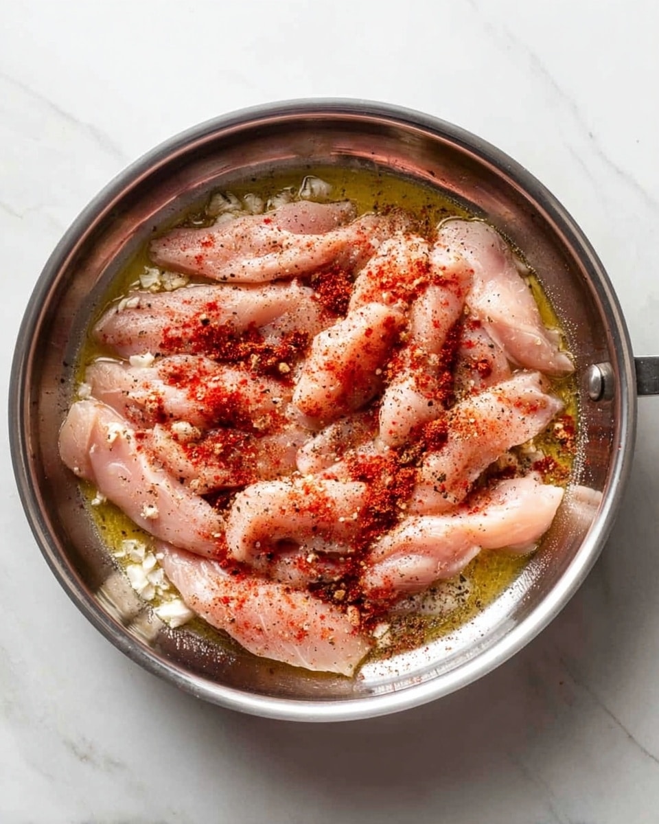 A top view of a round silver pan on a white marbled surface filled with several pieces of raw light pink chicken strips scattered in a layer, showing a sprinkle of red powder seasoning and black pepper on top, and small pieces of chopped garlic visible in melted butter that covers the bottom of the pan. Photo taken with an iphone --ar 4:5 --v 7