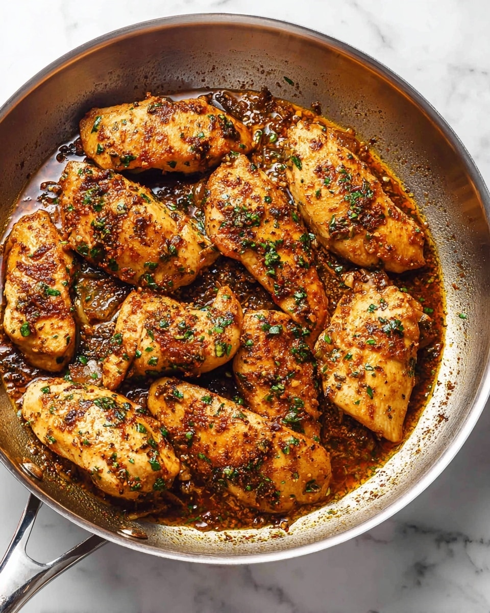 A large round silver pan filled with 15 golden brown cooked chicken pieces, each piece garnished with small green herb bits. The chicken pieces rest in a small amount of rich brown sauce with some visible spices and herbs scattered around the pan. The pan is placed on a white marbled surface. photo taken with an iphone --ar 4:5 --v 7