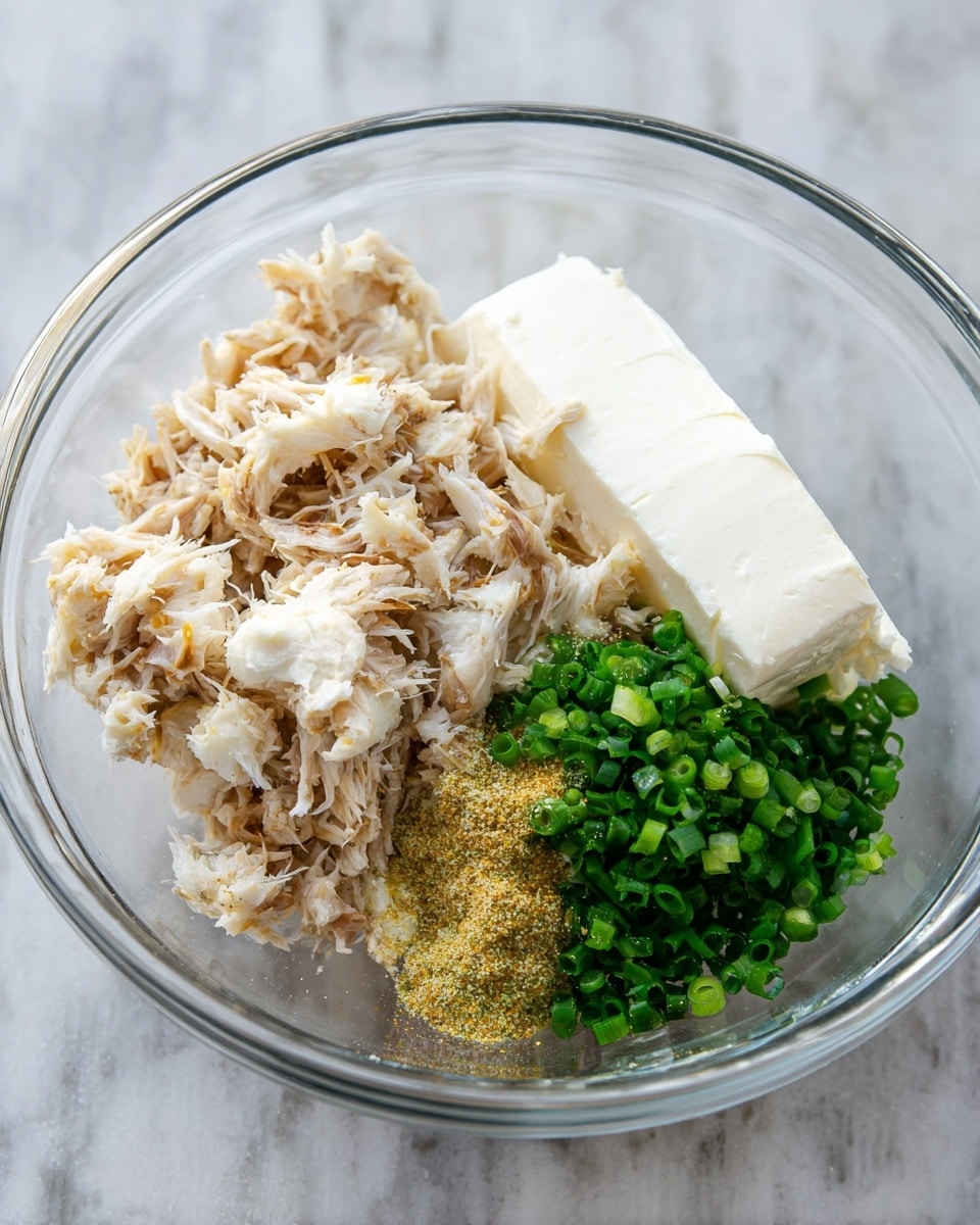 A clear glass bowl on a white marbled surface holds four different ingredients layered side by side: light beige shredded crab meat with a soft, flaky texture on the top left, a smooth white cream cheese block on the right, a small pile of finely chopped bright green onions in the bottom center, and a small heap of fine yellow seasoning powder next to the cream cheese. Photo taken with an iphone --ar 4:5 --v 7