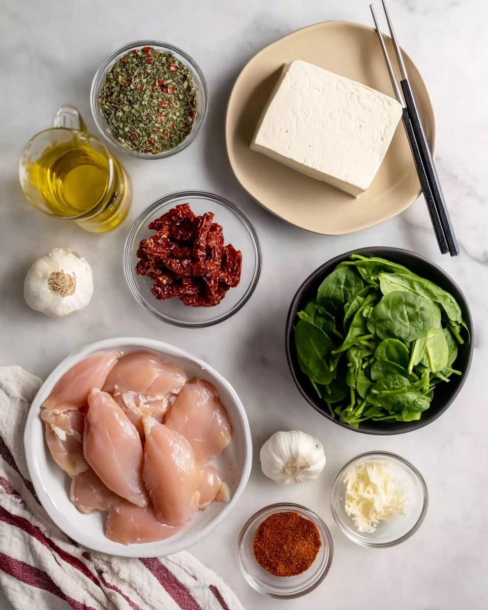 The image shows ingredients for a meal arranged neatly on a white marbled surface. In the center bottom is a white bowl filled with four raw pink chicken fillets. Above it, slightly to the left, is a beige plate holding a solid block of white tofu. To the right of the tofu is a small clear bowl with dark red sun-dried tomatoes, and below that, a small clear bowl containing a grated white substance, likely garlic. To the right top side is a black bowl filled with bright green fresh spinach leaves with two black chopsticks resting on its edge. Above the chicken to the left is a silver container with mixed dried herbs showing green and red bits. Below it is a transparent bottle with light yellow olive oil. A whole white garlic bulb sits below the tofu and olive oil near the center. To the bottom right of the garlic is a small clear bowl with brownish-red spice powder. A white cloth with dark red and gray stripes is partially seen in the lower left corner. The photo taken with an iphone --ar 4:5 --v 7
