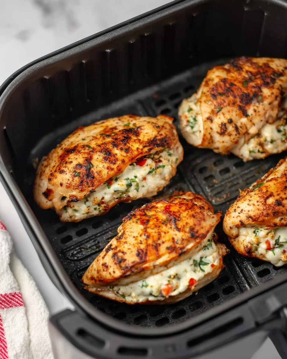 The image shows an air fryer basket with four pieces of stuffed chicken. Each piece has two layers: the outer golden brown cooked chicken layer with some dark brown grill marks, and the inner visible filling layer made of white cheese mixed with green herbs and small bits of orange vegetables. The chicken pieces are placed closely in the black air fryer basket with round holes. The background is a white marbled surface with a white cloth that has thin red stripes visible on the left edge. photo taken with an iphone --ar 4:5 --v 7