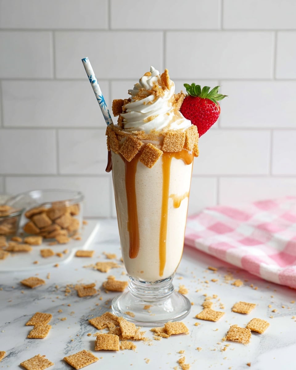 A tall clear glass shows a creamy light beige milkshake with caramel sauce dripped inside the glass, creating irregular caramel streaks. Around the rim, small golden brown square cereal pieces stick, making a crunchy border. On top, there is a big swirl of white whipped cream sprinkled with tiny cereal crumbs, giving texture. A fresh red strawberry with green leaves leans on the whipped cream on one side, and a blue and white striped straw sticks out on the other side. A woman's hand holds the glass from the middle, with a white marbled surface beneath and scattered cereal pieces around. photo taken with an iphone --ar 4:5 --v 7