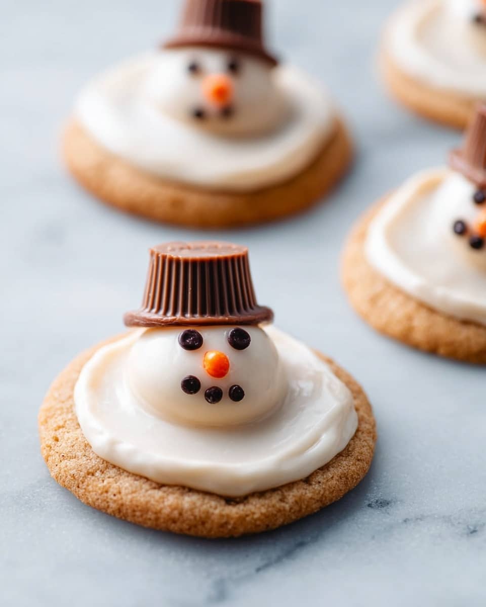 The image shows three round cookies with a golden-brown base layer. Each cookie has a smooth layer of white icing spread unevenly on top. In the center of each cookie's icing is a small white round piece representing the snowman's head. On top of the head is a small chocolate cup hat with ridged edges. Two small dark round chocolate pieces form the eyes, and a tiny orange line piece represents the nose. The cookies are arranged on a white marbled surface with soft natural light highlighting their textures. photo taken with an iphone --ar 4:5 --v 7