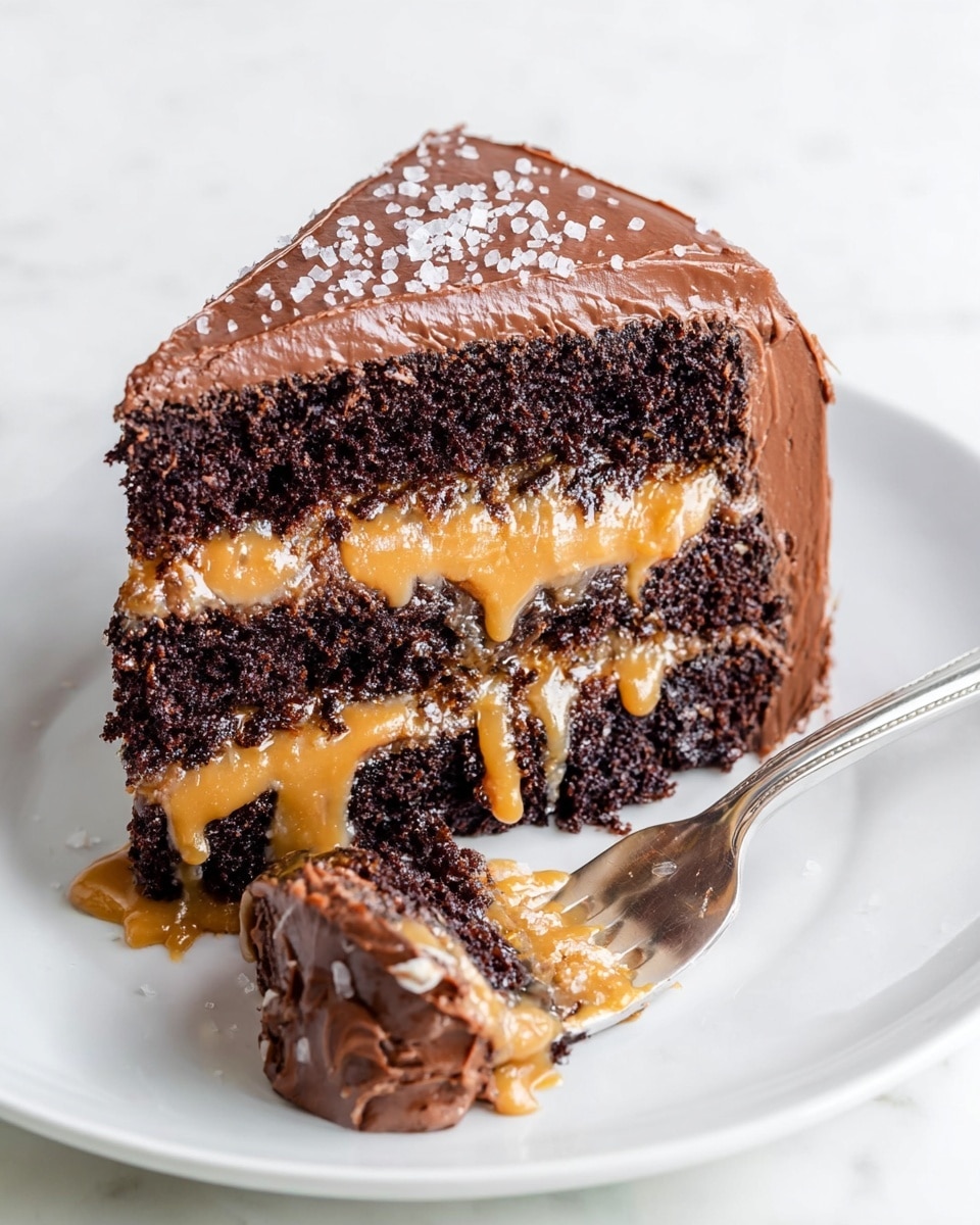 A slice of three-layer dark chocolate cake sits on a white plate with a white marbled texture background. Each layer is thick, moist, and dark brown, separated by creamy, golden caramel filling that slightly drips down the sides. The outside of the cake is covered in smooth, rich chocolate frosting with a slightly shiny texture and sprinkled lightly with coarse sea salt. A silver fork holds a small bite of the same layered cake with caramel and chocolate frosting. Photo taken with an iphone --ar 4:5 --v 7