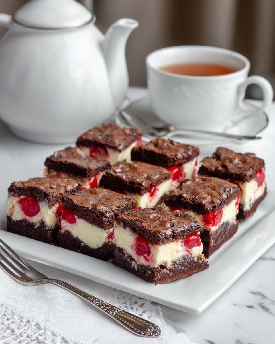 The image shows a white rectangular serving plate with six square pieces of layered brownies arranged closely in two rows of three. Each brownie has three visible layers: a dark brown chocolate base, a white creamy middle layer with bright red cherry pieces embedded in it, and a dark brown textured top layer with a slightly cracked appearance. The plate sits on a white marbled surface, and behind it is a white teapot, a white cup with tea on a white saucer, and a white cloth. A woman's hand holding a silver fork with an ornate handle is visible at the bottom left corner of the image. Photo taken with an iphone --ar 4:5 --v 7
