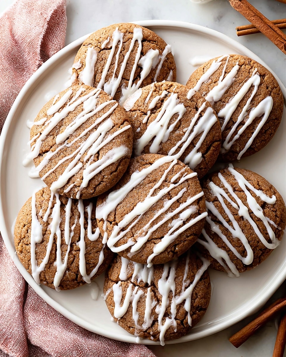 Seven round, soft cookies are arranged closely on a white plate. Each cookie is medium-brown with a slightly cracked surface and is drizzled with white icing in thin, irregular lines that crisscross over the top. The plate sits on a white marbled surface near a folded pink cloth, and a few cinnamon sticks lie beside the plate. The whole scene looks cozy and warm. photo taken with an iphone --ar 4:5 --v 7