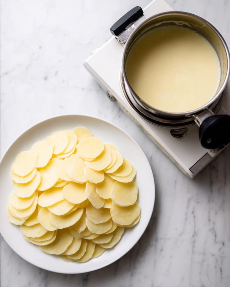 A round white plate filled with many pale yellow thin potato slices layered flat, next to a stainless steel saucepan with a light yellow creamy sauce inside, both placed on a white marbled surface, with a white and silver mandoline slicer beside the plate showing its black pusher part. photo taken with an iphone --ar 4:5 --v 7