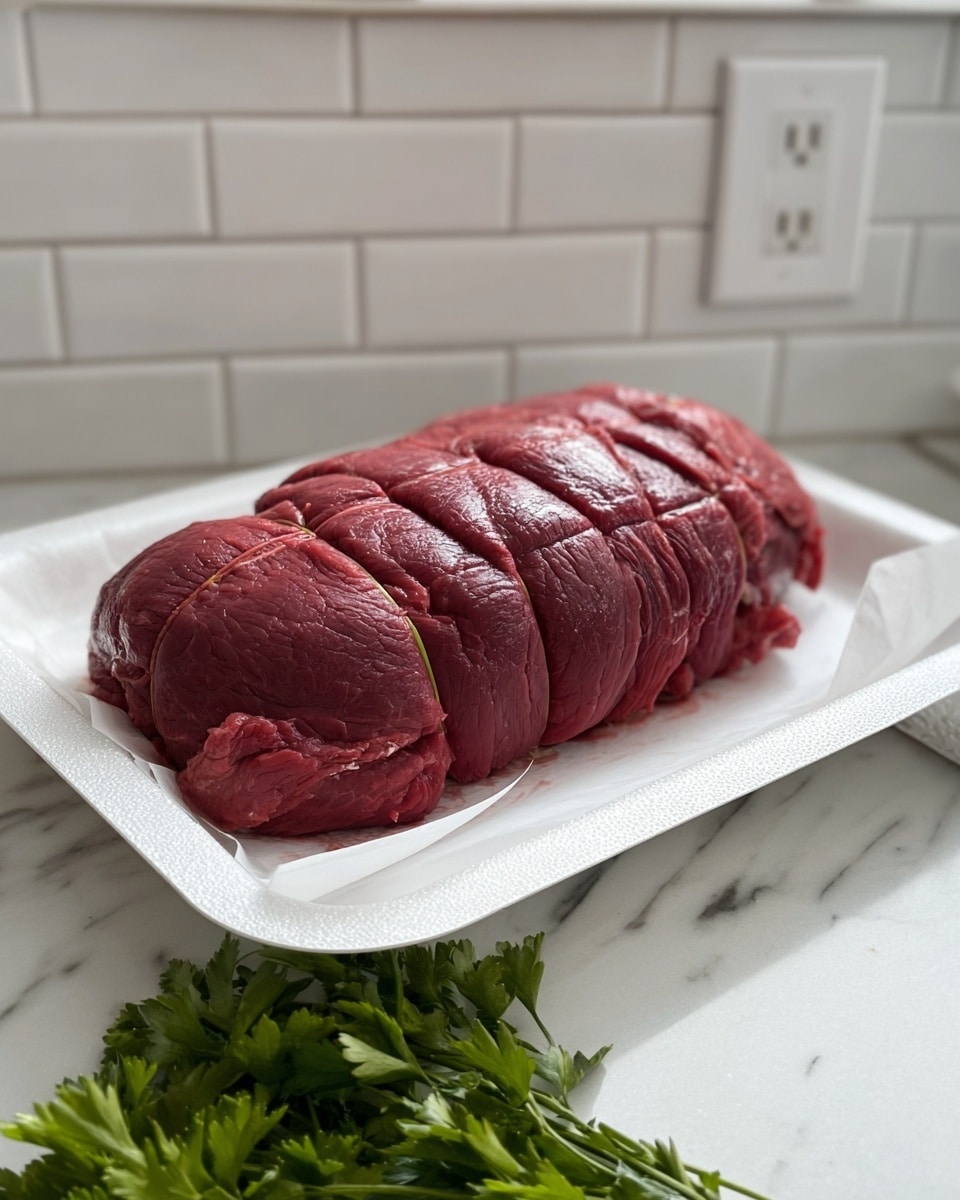 A large piece of raw red meat lies on a white foam tray, resting on a white marbled surface. The meat is tied with string in several sections, giving it a rounded shape with visible muscle texture and slight wetness on the surface. The tray has white paper underneath the meat. In the bottom right corner, there is a bunch of green parsley with leafy and textured stems. The background features white tiled walls with a white electrical outlet on the upper right side. Photo taken with an iphone --ar 4:5 --v 7