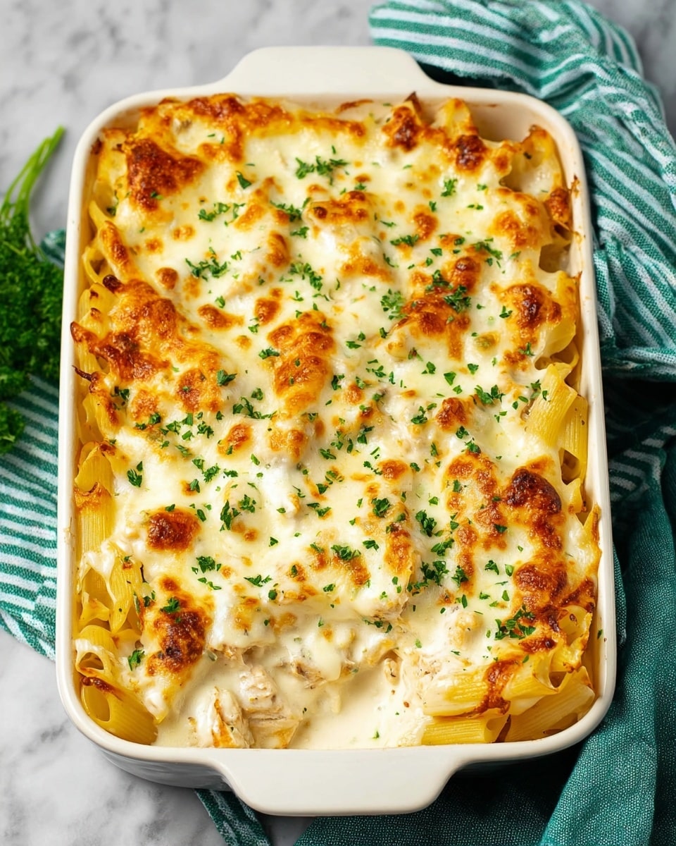 A rectangular white ceramic dish is filled with baked pasta that has three layers visible: the bottom layer has golden-yellow pasta, the middle layer is creamy white sauce with soft pieces of light brown chicken, and the top layer is melted cheese with golden brown spots, scattered with finely chopped green herbs. The dish sits on a white marbled surface with a striped green and white cloth nearby. The overall look shows a rich, creamy meal with a slightly crispy cheesy top. photo taken with an iphone --ar 4:5 --v 7