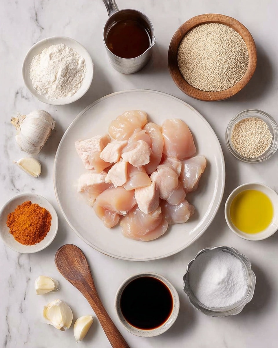 A white plate at the center holds many pieces of raw cut chicken in light pink color with a smooth texture, arranged loosely covering the plate. Around the plate almost in a circle are different small bowls and containers: a white bowl with white powdery flour at the top left, a small beige bowl with light brown granules beside it. At the top right is a round wooden bowl with white sesame seeds and near it a small clear bowl with yellow oil. Below the plate to the left are several whole garlic cloves, a small white container with amber colored liquid, and a wooden spoon with a beige powder. At the bottom center is a round clear glass bowl with a transparent liquid. To the right of that is a small ceramic bowl with white powder and just above it a small metal cup with dark brown soy sauce. In the top center above the plate is a metal cup with brown liquid. The background and surface is white marble texture. photo taken with an iphone --ar 4:5 --v 7