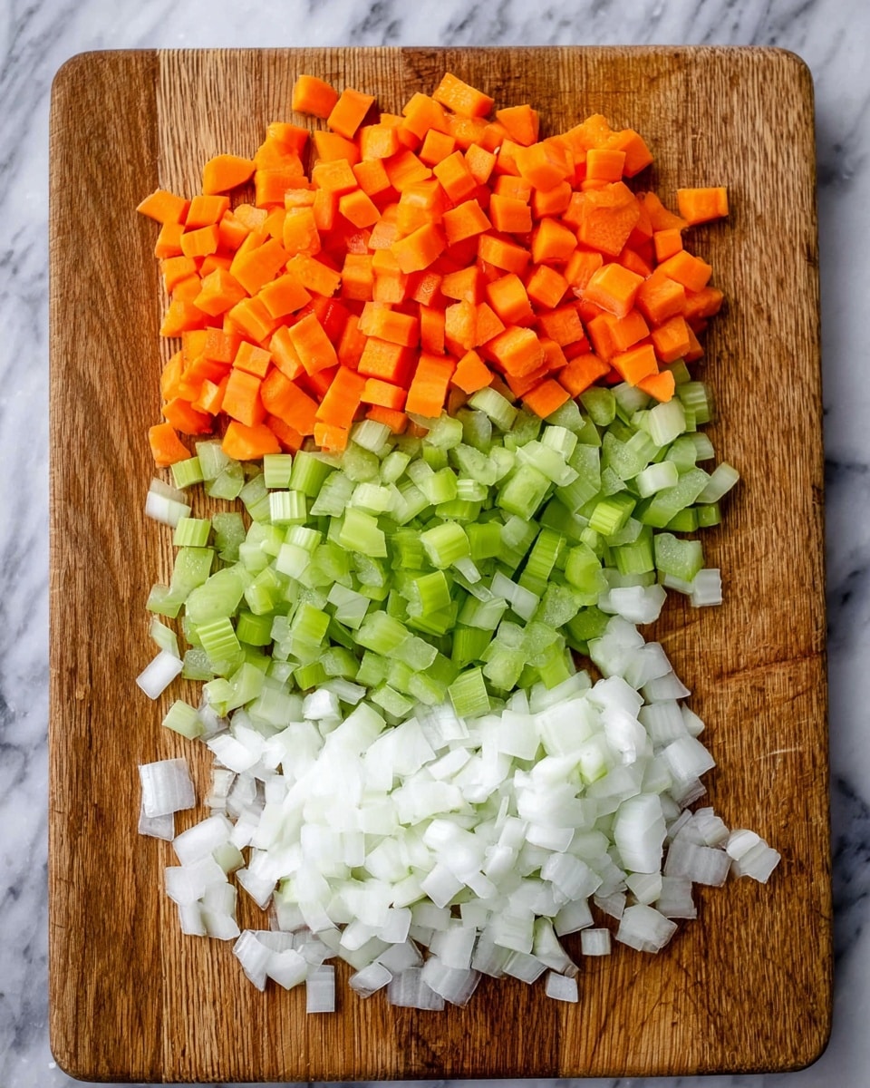 The image shows three layers of chopped vegetables arranged in neat rows on a wooden cutting board. The top layer is bright orange, made of small, evenly chopped carrot cubes. The middle layer is light green, featuring diced celery pieces with a slightly curved shape. The bottom layer is white, composed of roughly chopped onion pieces of irregular shape and size. The wooden board contrasts with the white marbled surface beneath it. photo taken with an iphone --ar 4:5 --v 7