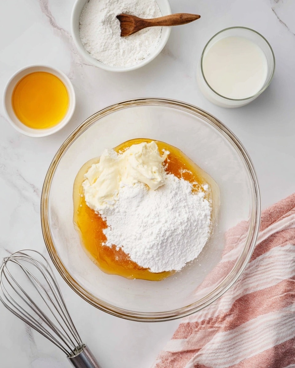 A clear glass mixing bowl sits on a white marbled surface with three layers inside: a mound of white powder on the right side, a creamy off-white substance in the center, and a golden syrupy liquid pooling around them, especially on the left side. Nearby, there is a small white bowl with more white powder and a wooden spoon inside, a small white bowl with a golden yellow liquid, and a clear glass of milk. Two metal beaters lie on the surface at the bottom left, and a pink and white striped cloth is partially folded on the bottom right. Photo taken with an iphone --ar 4:5 --v 7