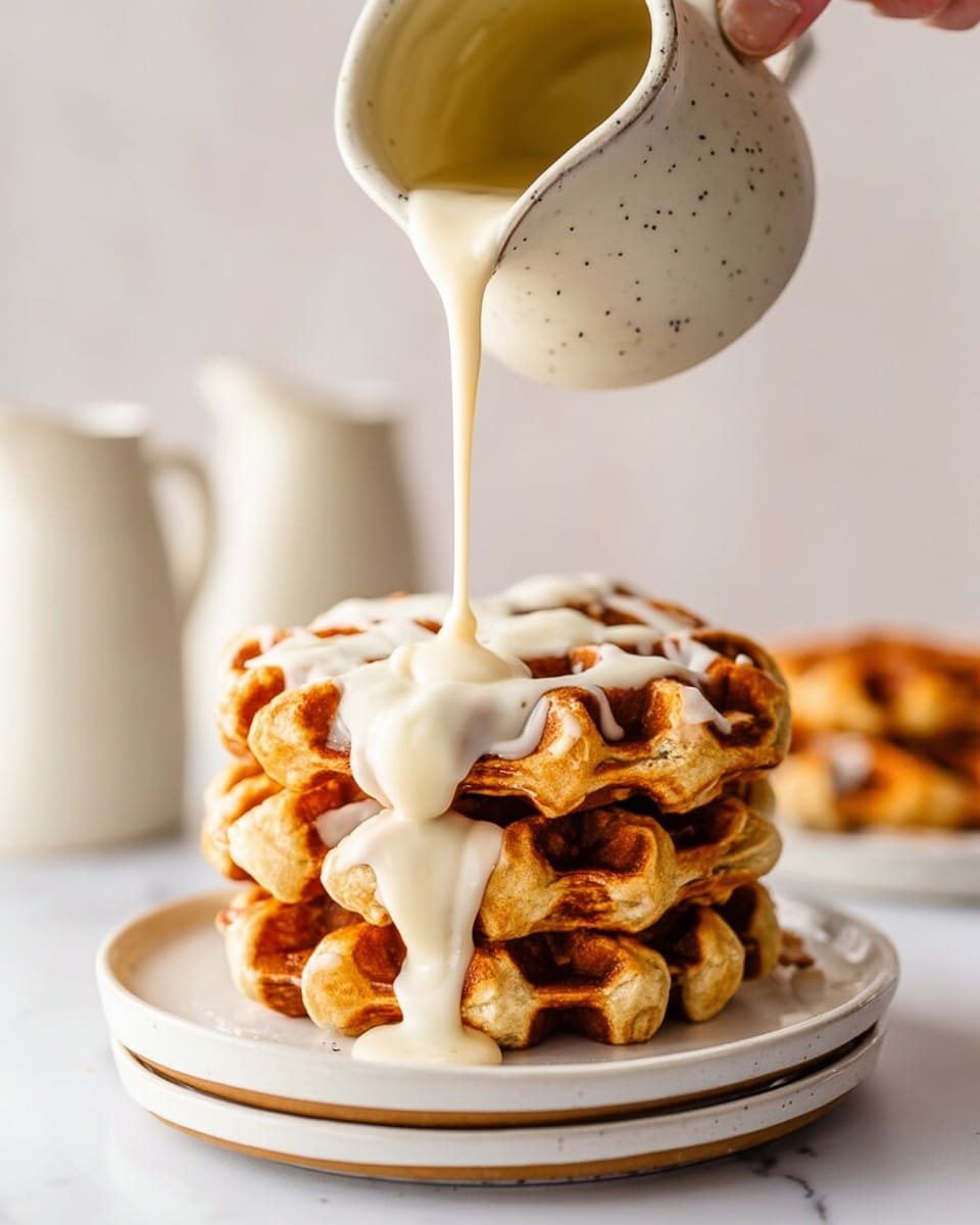 A stack of three golden brown waffles with a slightly crispy texture sits on three white plates stacked on top of each other. Creamy white sauce is being poured over the waffles from a cream-colored jug with small black specks, flowing down the sides and pooling slightly on the plates. The background is a white marbled surface with a soft focus on another white jug in the back and more waffles blurred in the distance. A woman's hand holds the jug, positioned above the waffles. photo taken with an iphone --ar 4:5 --v 7