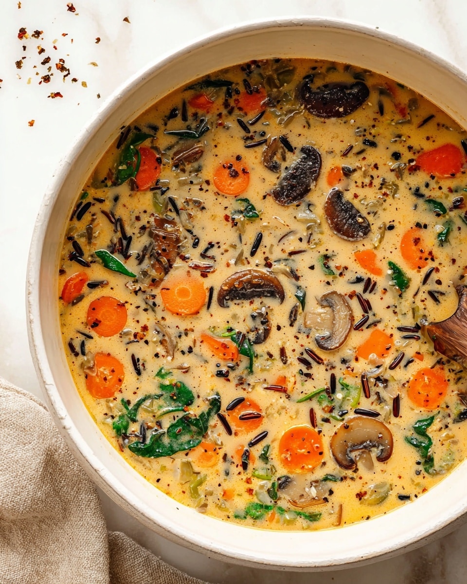 A creamy soup in a white bowl with a light beige base filled with colorful ingredients; the soup has bright orange round carrot slices scattered throughout, dark brown mushroom slices, and small pieces of green leafy vegetables. There are also small bits of pale green celery and dark grains of wild rice floating in the mix. The soup is sprinkled with tiny black pepper flakes, adding specks of dark contrast on top. The bowl sits on a white marbled surface with part of a beige cloth visible nearby. photo taken with an iphone --ar 4:5 --v 7
