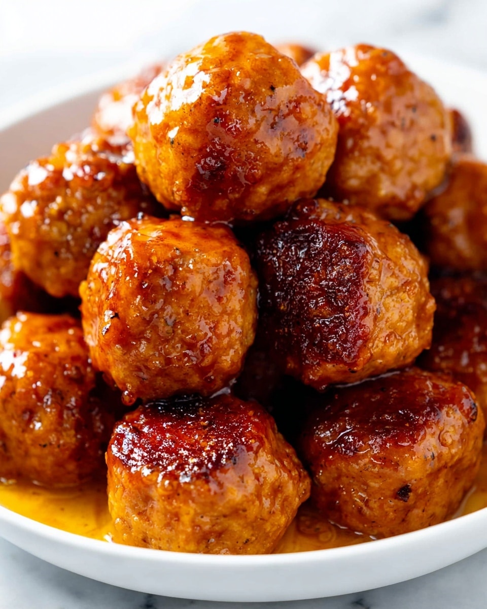 A close-up image shows a pile of shiny, golden-brown meatballs coated with a thick, sticky sauce. Each meatball is round and has a slightly crispy outside with a moist texture visible through the glaze. The meatballs are all sitting together inside a white bowl, with some sauce pooling at the bottom around the base. The background is a white marbled surface, giving a clean and bright look to the setting. photo taken with an iphone --ar 4:5 --v 7