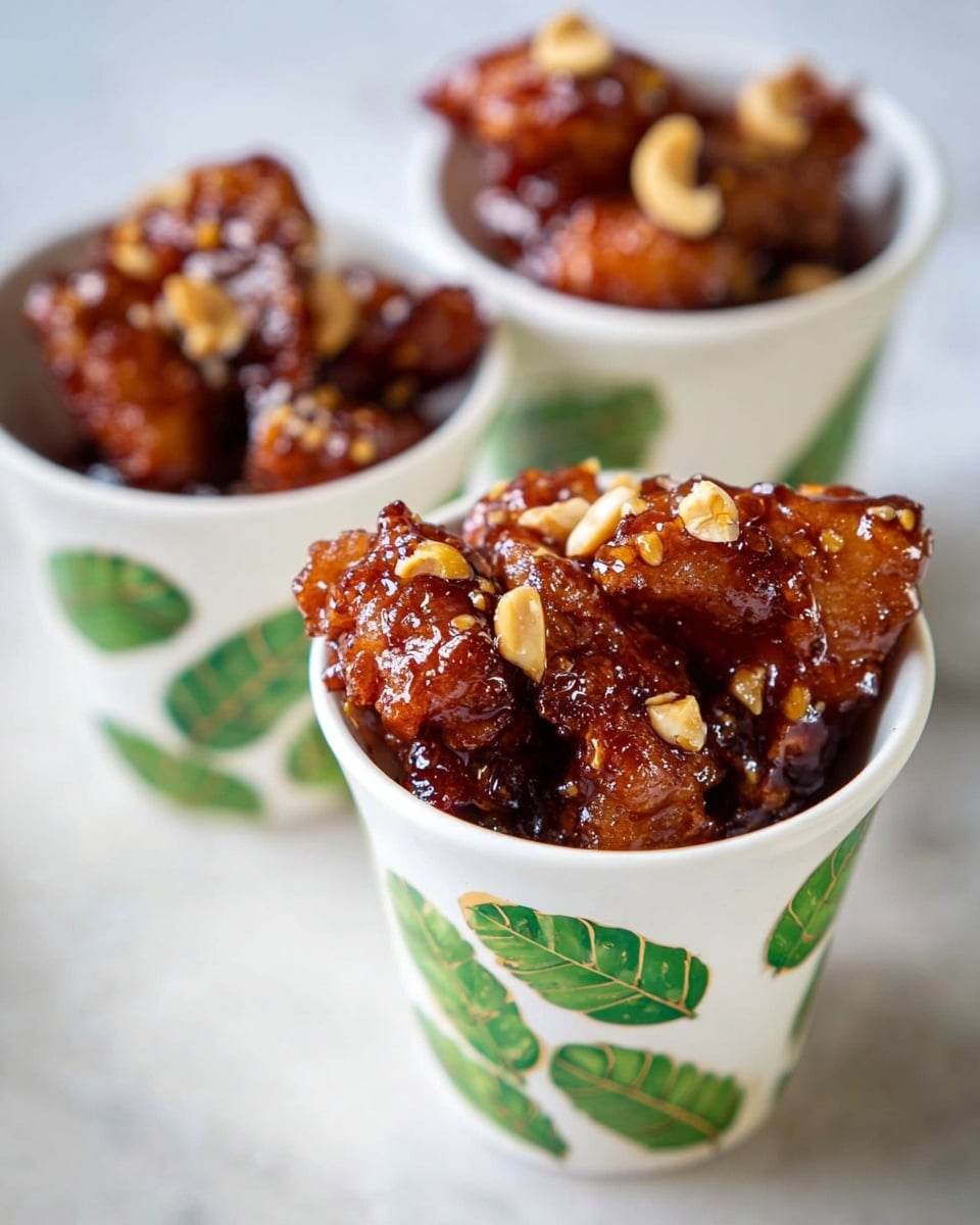 Three white cups decorated with green leaf patterns hold shiny, dark reddish-brown fried pieces, each topped with small, light tan nut pieces. The crispy pieces are stacked unevenly inside the cups, showing a slightly rough texture with a sticky glaze. The cups are placed close together on a white marbled surface, with the focus on the front cup and the others softly blurred behind it. photo taken with an iphone --ar 4:5 --v 7