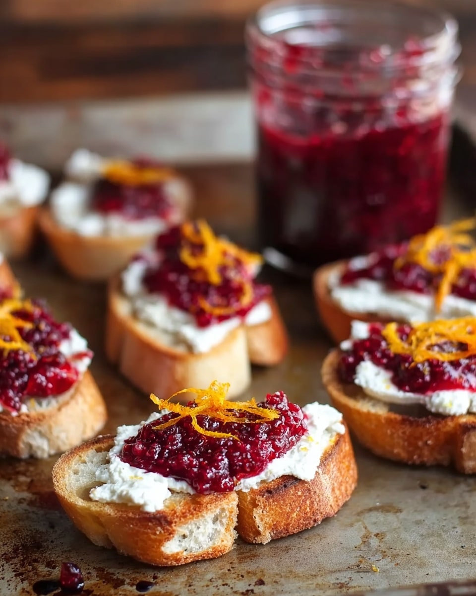 The image shows several slices of toasted bread arranged on a baking sheet. Each slice has a thick layer of soft white cheese evenly spread on top. Over the cheese, there is a generous dollop of bright red berry jam that looks thick and textured. Some slices are decorated with thin, curly orange zest on top of the jam, adding a splash of color. In the background, there is a glass jar filled with more of the red jam. The overall look is warm and inviting, with the golden toasted bread slightly crispy around the edges. photo taken with an iphone --ar 4:5 --v 7