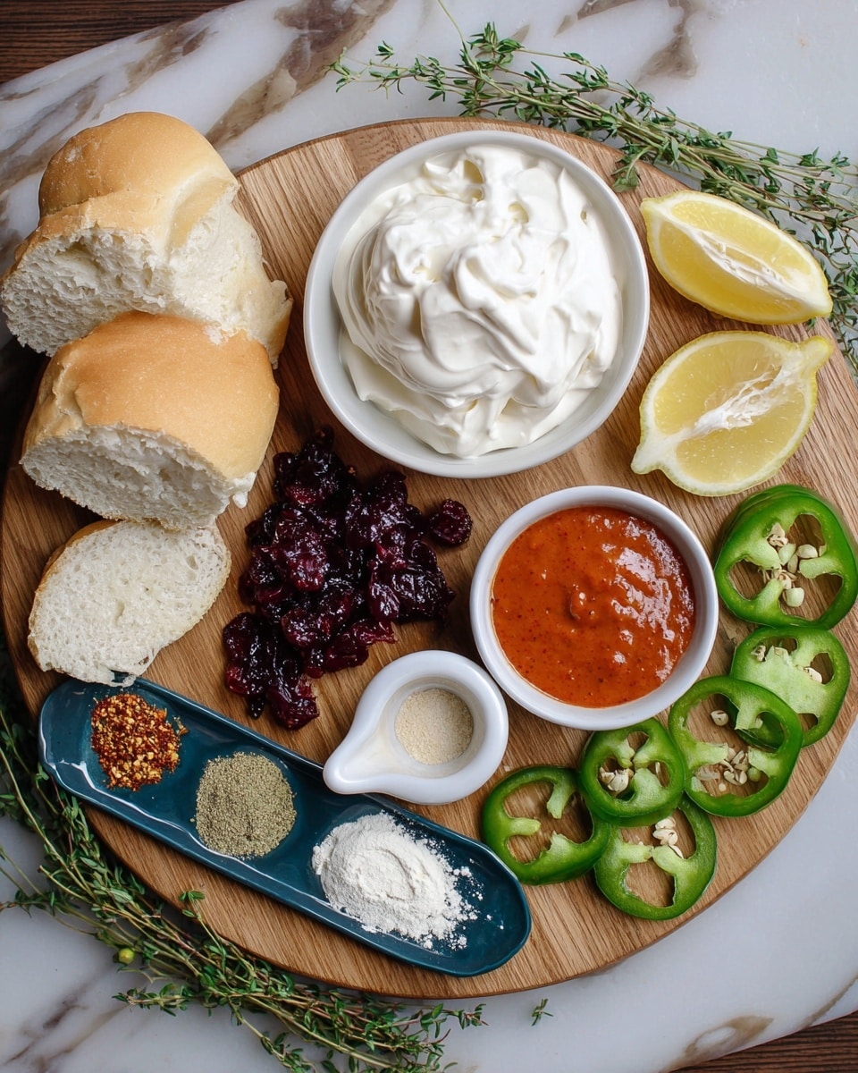 A round wooden board is placed on a white marbled surface with a mix of food items arranged neatly. In the center, a small white bowl holds a fluffy white cream. To its right, another small white bowl is filled with bright orange-red sauce. Around them are thick slices of white bread, a small baguette, and lemon wedges with pale yellow flesh. There are fresh green jalapeño peppers, some sliced round with visible seeds, and whole peppers to the right and left edges. Near the bottom center, dark red dried cranberries create a textured mound. A small white measuring cup filled with a light cream-colored powder, likely cheese, and a white measuring cup with white liquid sit near the bottom left. A small blue oval dish has four spices in neat piles: green dried herbs, red pepper flakes, white garlic powder, and beige onion powder. Fresh green thyme sprigs lay around the edges for decoration. photo taken with an iphone --ar 4:5 --v 7